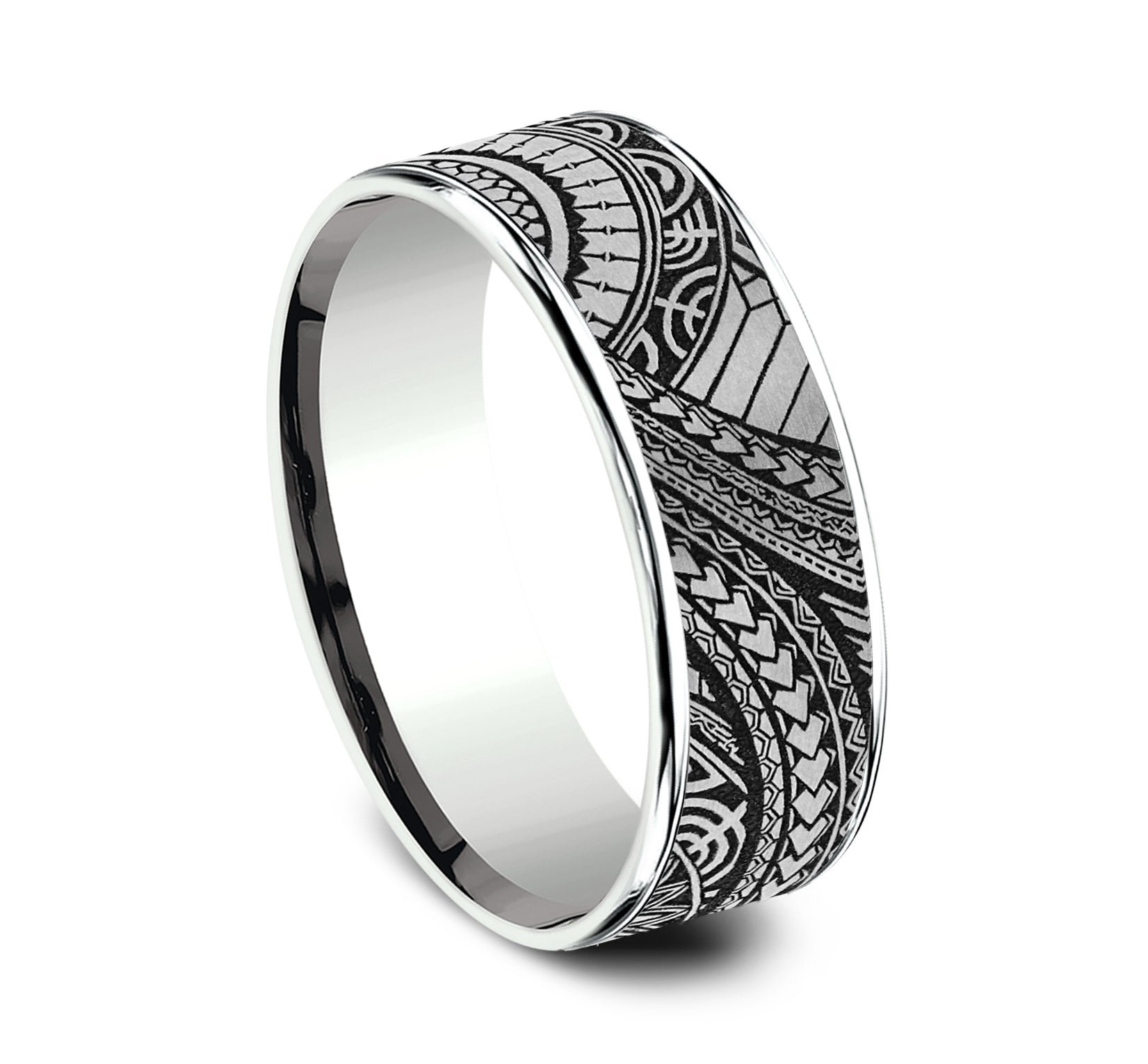 THE POLYNESIAN 7.5mm, Comfort fit, 14K White Gold and Grey-Black Titanium, Polynesian inspired design, thin edges