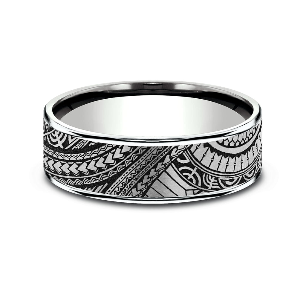 THE POLYNESIAN 7.5mm, Comfort fit, 14K White Gold and Grey-Black Titanium, Polynesian inspired design, thin edges