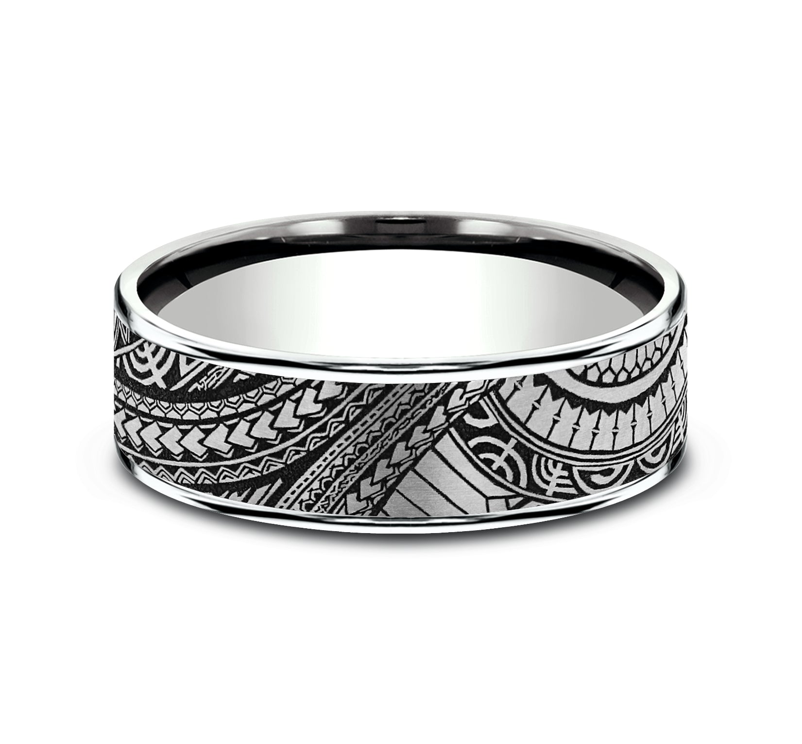 THE POLYNESIAN 7.5mm, Comfort fit, 14K White Gold and Grey-Black Titanium, Polynesian inspired design, thin edges