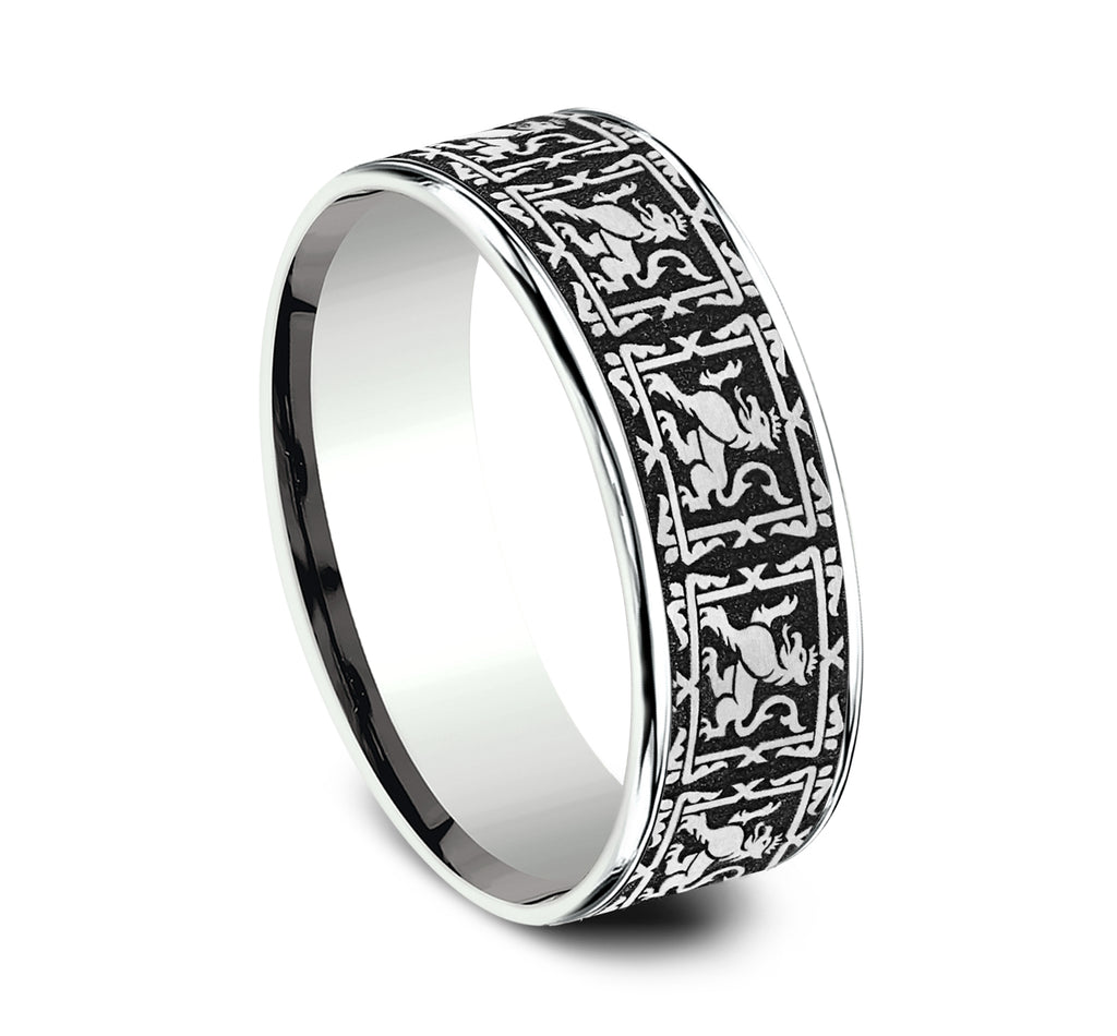 THE GUARDIAN 7.5mm, Comfort fit, 14K White Gold and Grey/Black Titanium, Griffin pattern, thin edges