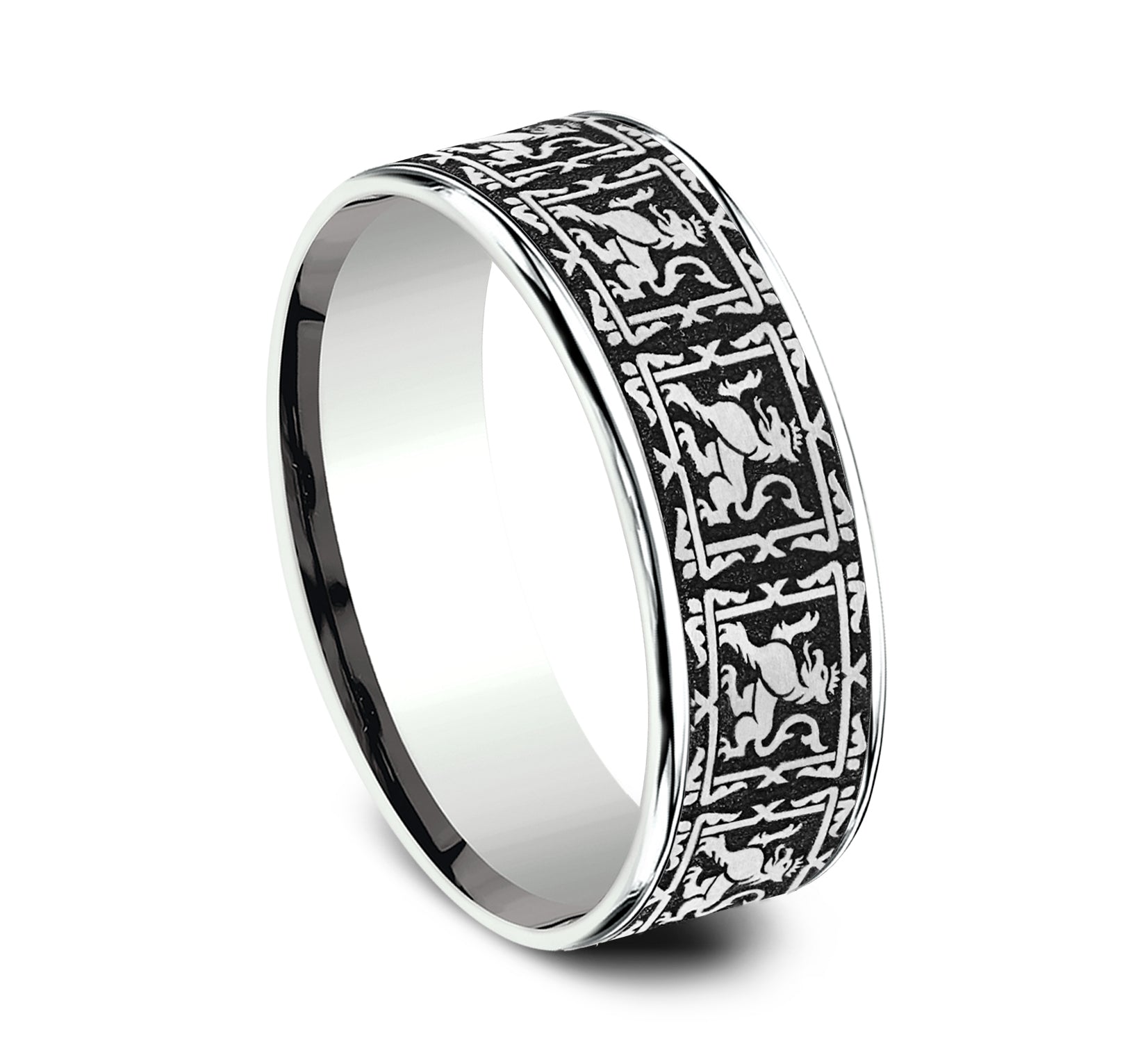 THE GUARDIAN 7.5mm, Comfort fit, 14K White Gold and Grey/Black Titanium, Griffin pattern, thin edges