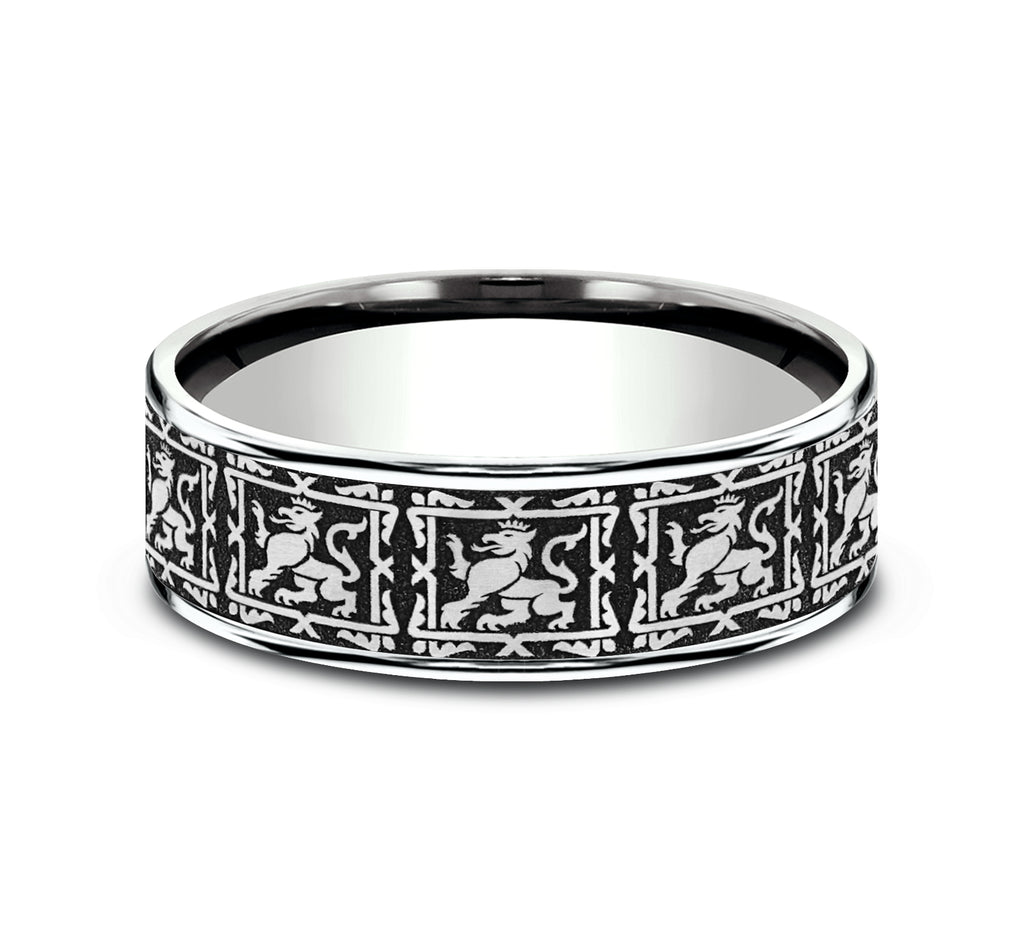 THE GUARDIAN 7.5mm, Comfort fit, 14K White Gold and Grey/Black Titanium, Griffin pattern, thin edges
