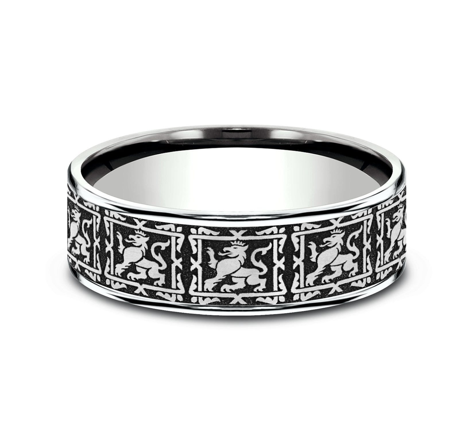 THE GUARDIAN 7.5mm, Comfort fit, 14K White Gold and Grey/Black Titanium, Griffin pattern, thin edges