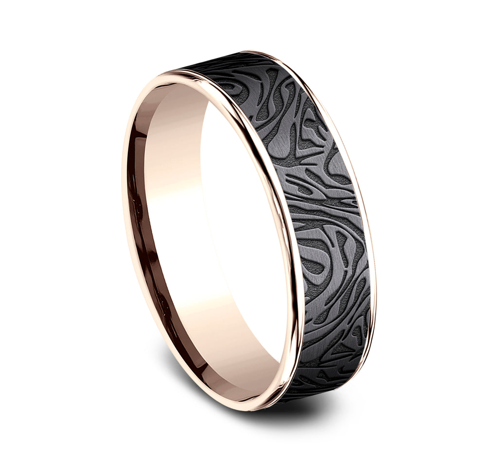 THE DYNASTY 6.5mm, Comfort fit, 14K Rose Gold and Darkened Tantalum, Faux mokume pattern, polished thin edges