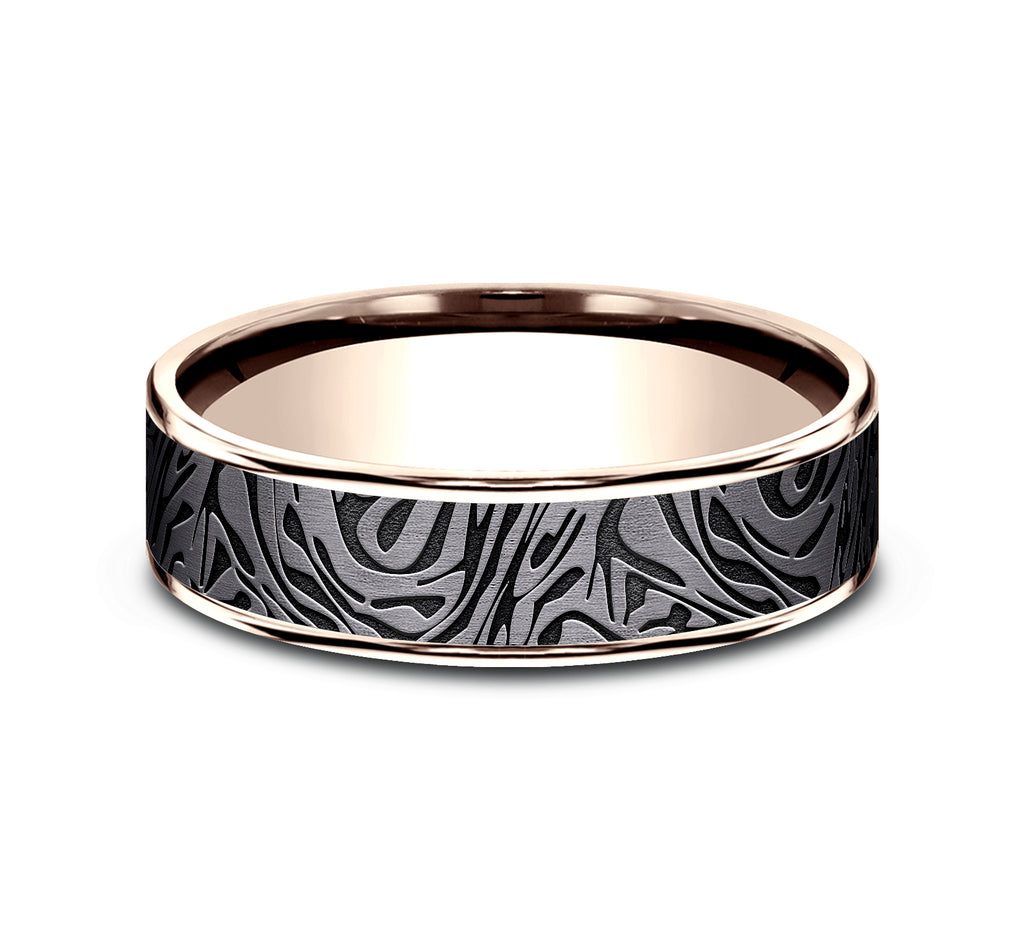 THE DYNASTY 6.5mm, Comfort fit, 14K Rose Gold and Darkened Tantalum, Faux mokume pattern, polished thin edges
