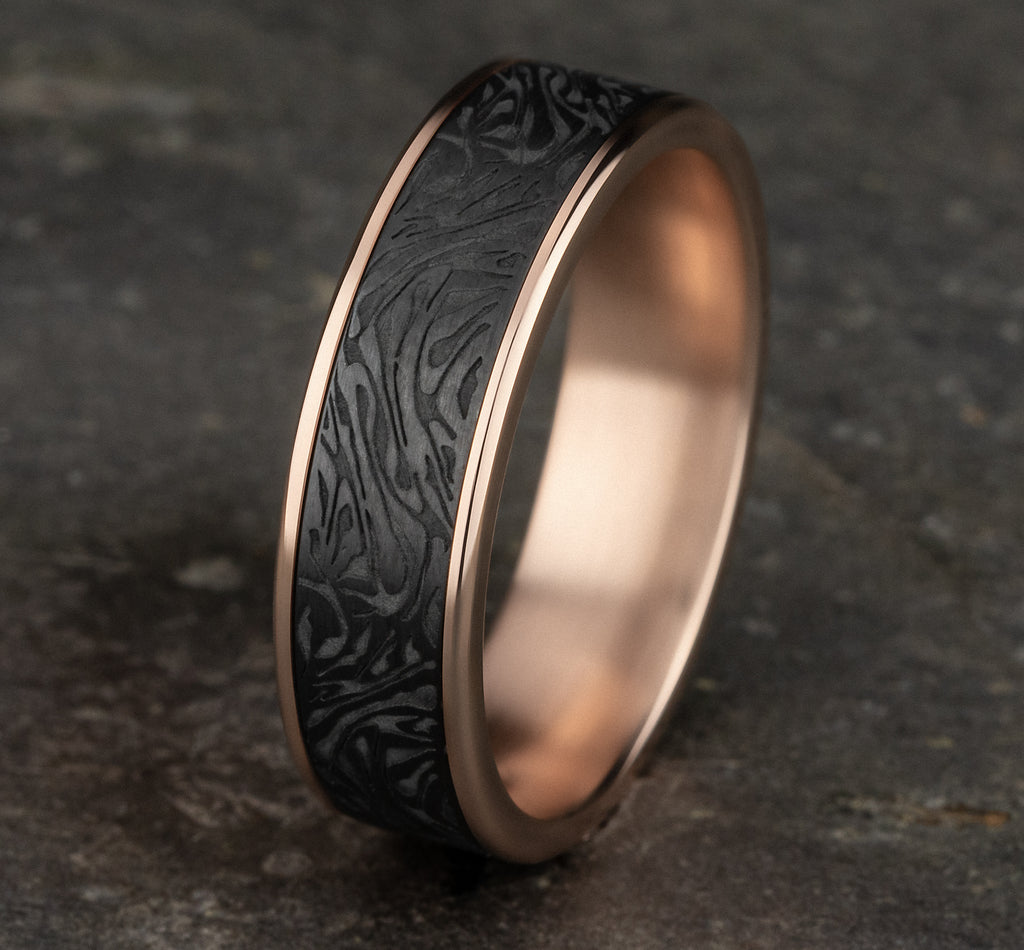 THE DYNASTY 6.5mm, Comfort fit, 14K Rose Gold and Darkened Tantalum, Faux mokume pattern, polished thin edges