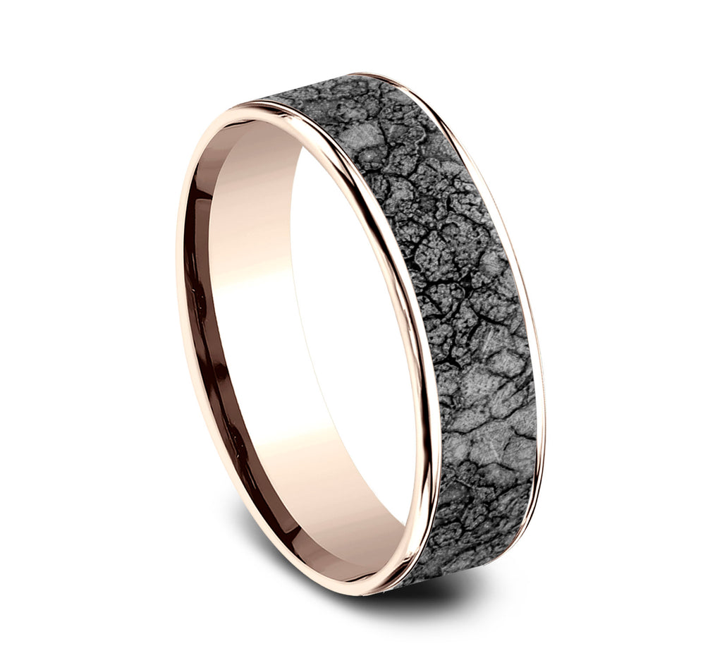 THE RUBBLE 6.5mm, Comfort fit, 14K Rose Gold and Grey Tantalum, Rubble rock patterned center, thin edges
