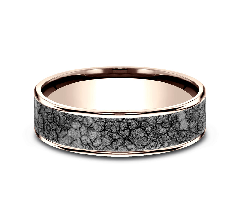 THE RUBBLE 6.5mm, Comfort fit, 14K Rose Gold and Grey Tantalum, Rubble rock patterned center, thin edges