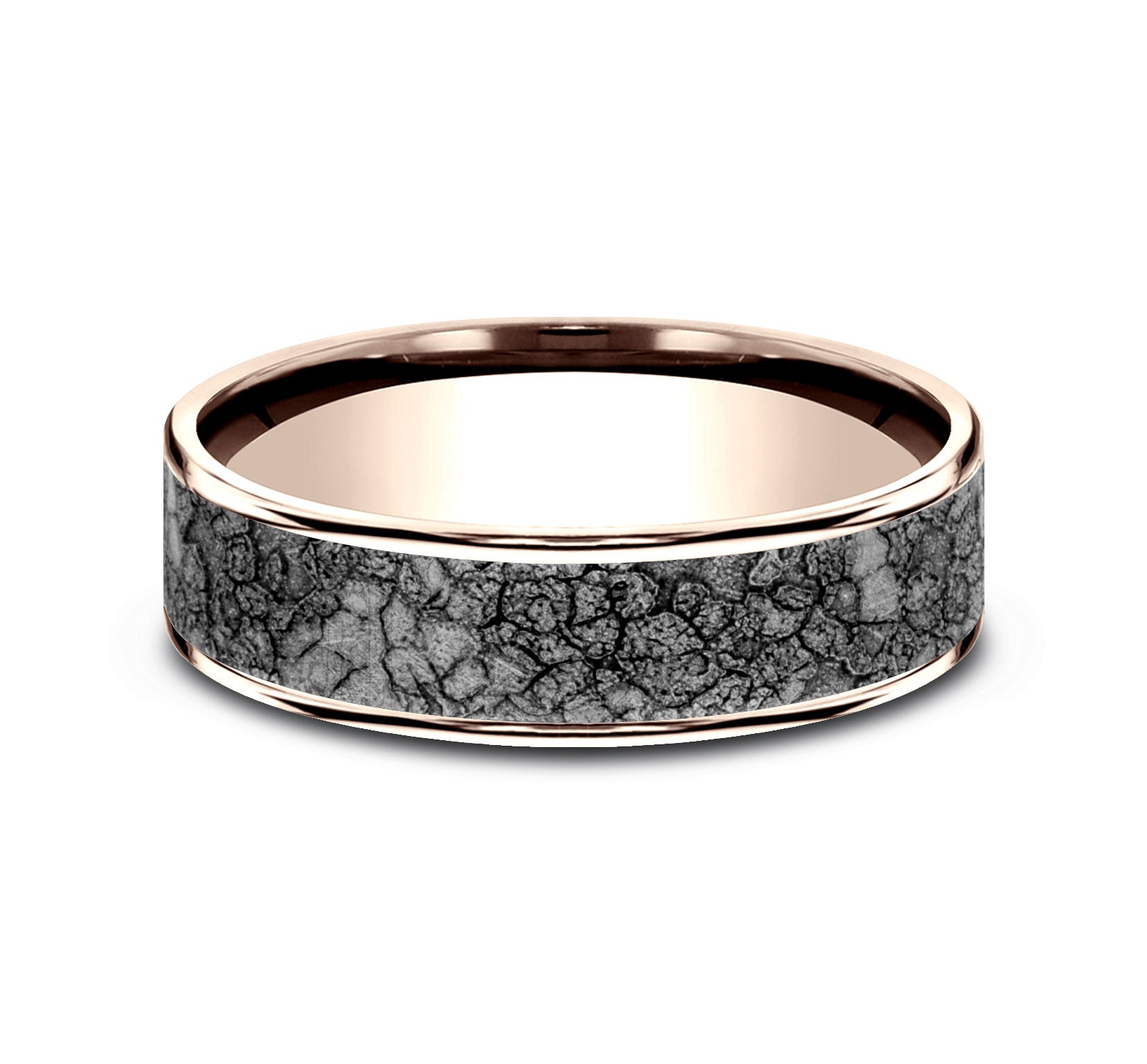 THE RUBBLE 6.5mm, Comfort fit, 14K Rose Gold and Grey Tantalum, Rubble rock patterned center, thin edges