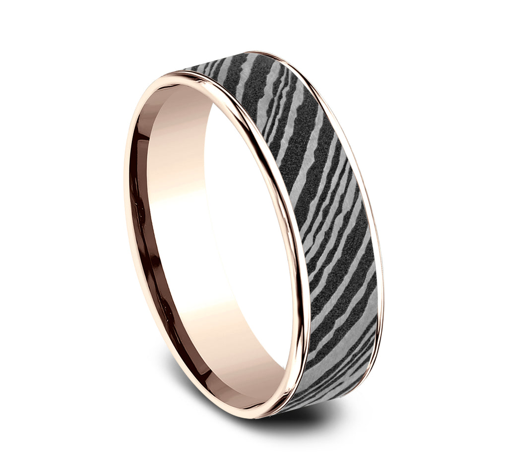 THE BOWIE 6.5mm, Comfort fit, 14K Rose Gold and Damascus Steel, Damascus steel center, thin polished edges