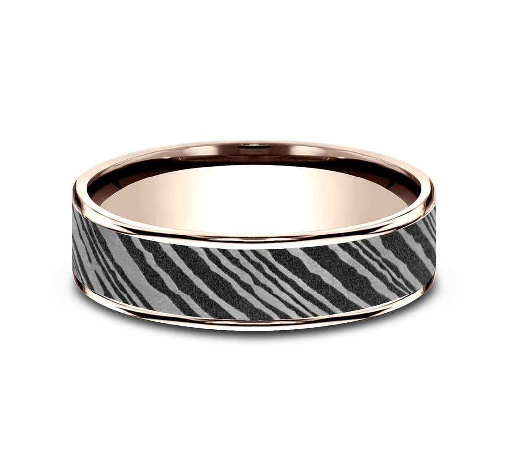 THE BOWIE 6.5mm, Comfort fit, 14K Rose Gold and Damascus Steel, Damascus steel center, thin polished edges