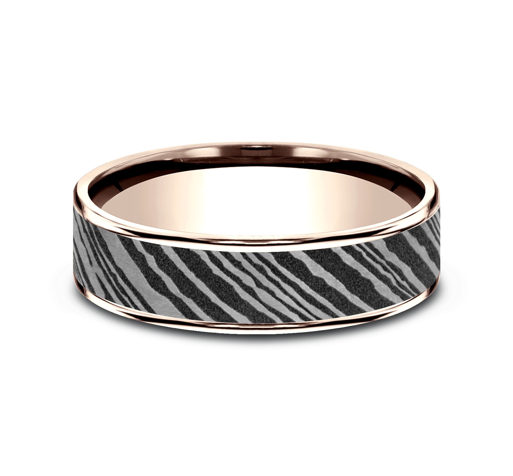 THE BOWIE 6.5mm, Comfort fit, 14K Rose Gold and Damascus Steel, Damascus steel center, thin polished edges