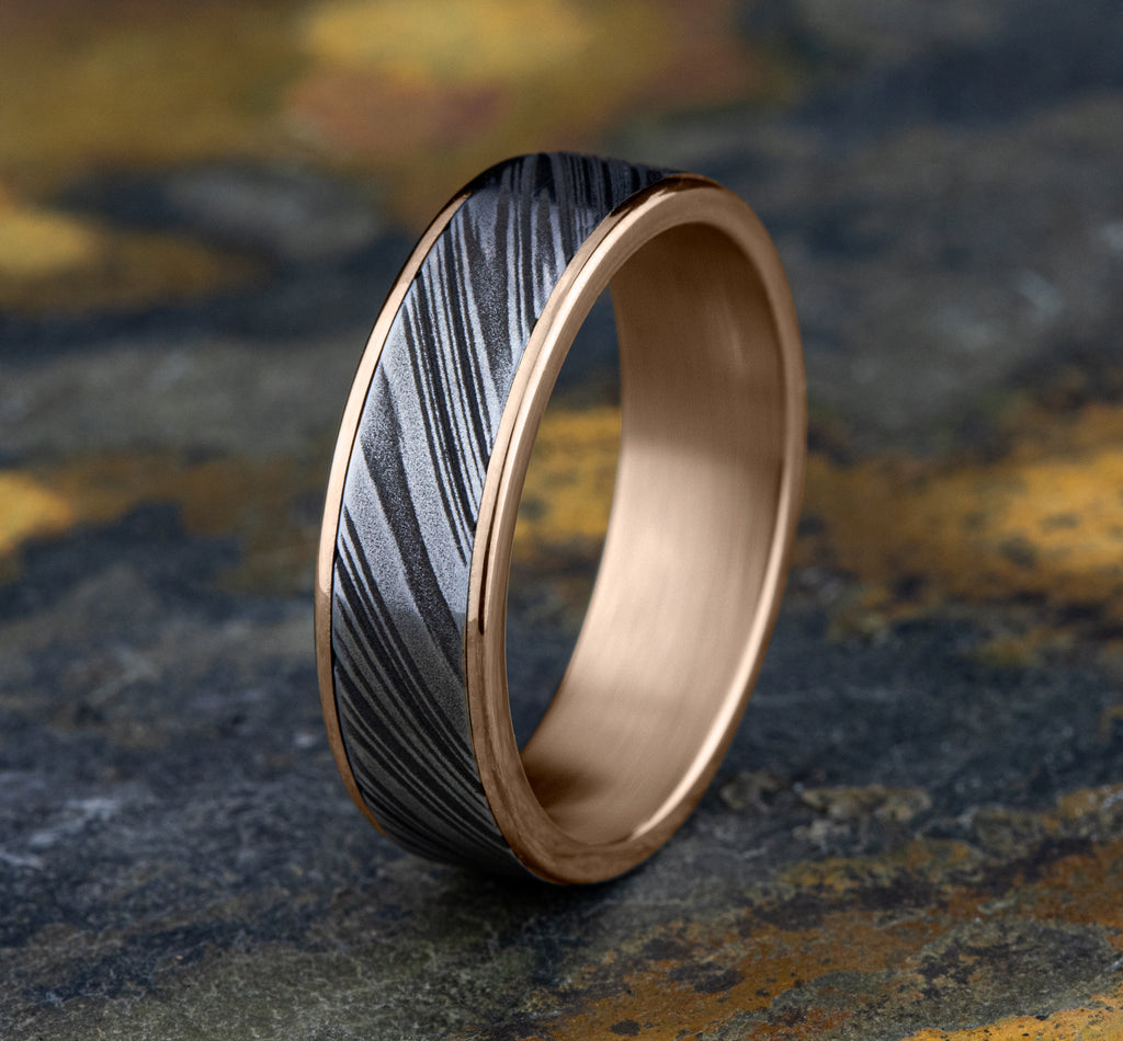 THE BOWIE 6.5mm, Comfort fit, 14K Rose Gold and Damascus Steel, Damascus steel center, thin polished edges