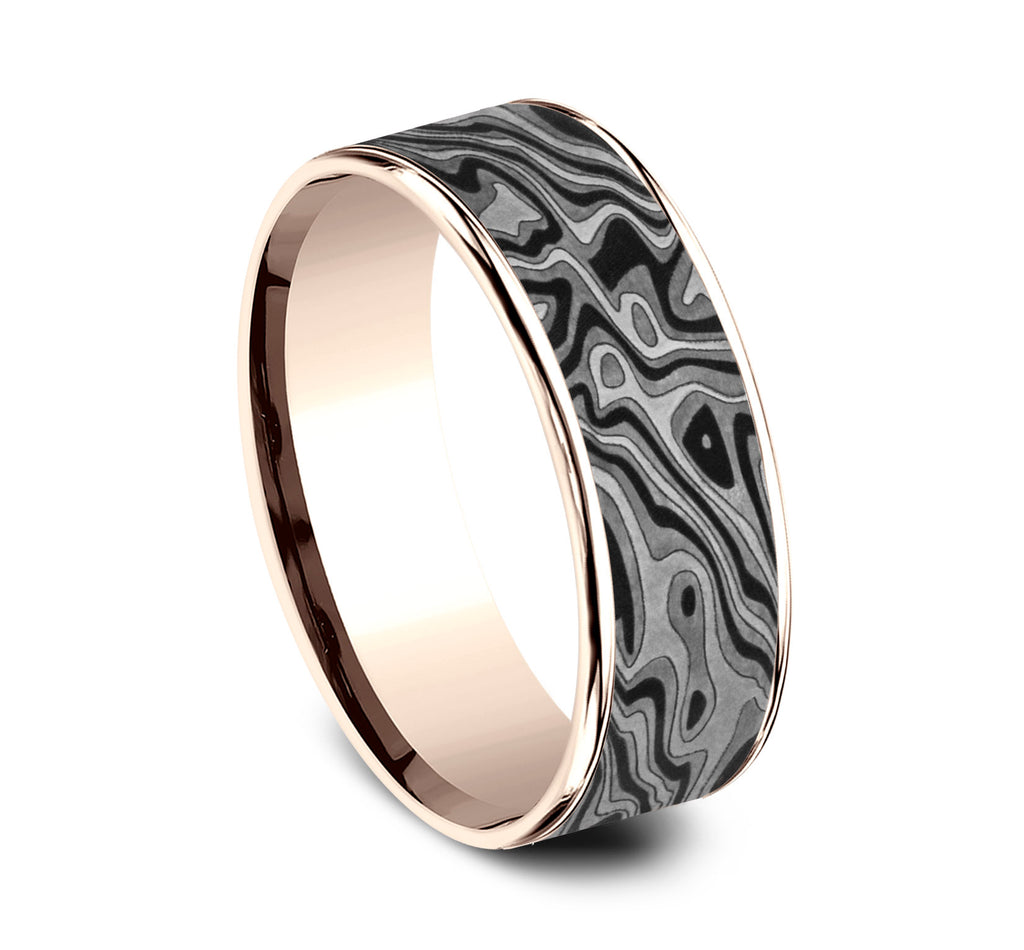 THE SWITCH 7.5mm, Comfort fit, 14K Rose Gold and Grey Tantalum, Mokume patterned center, thin polished edges