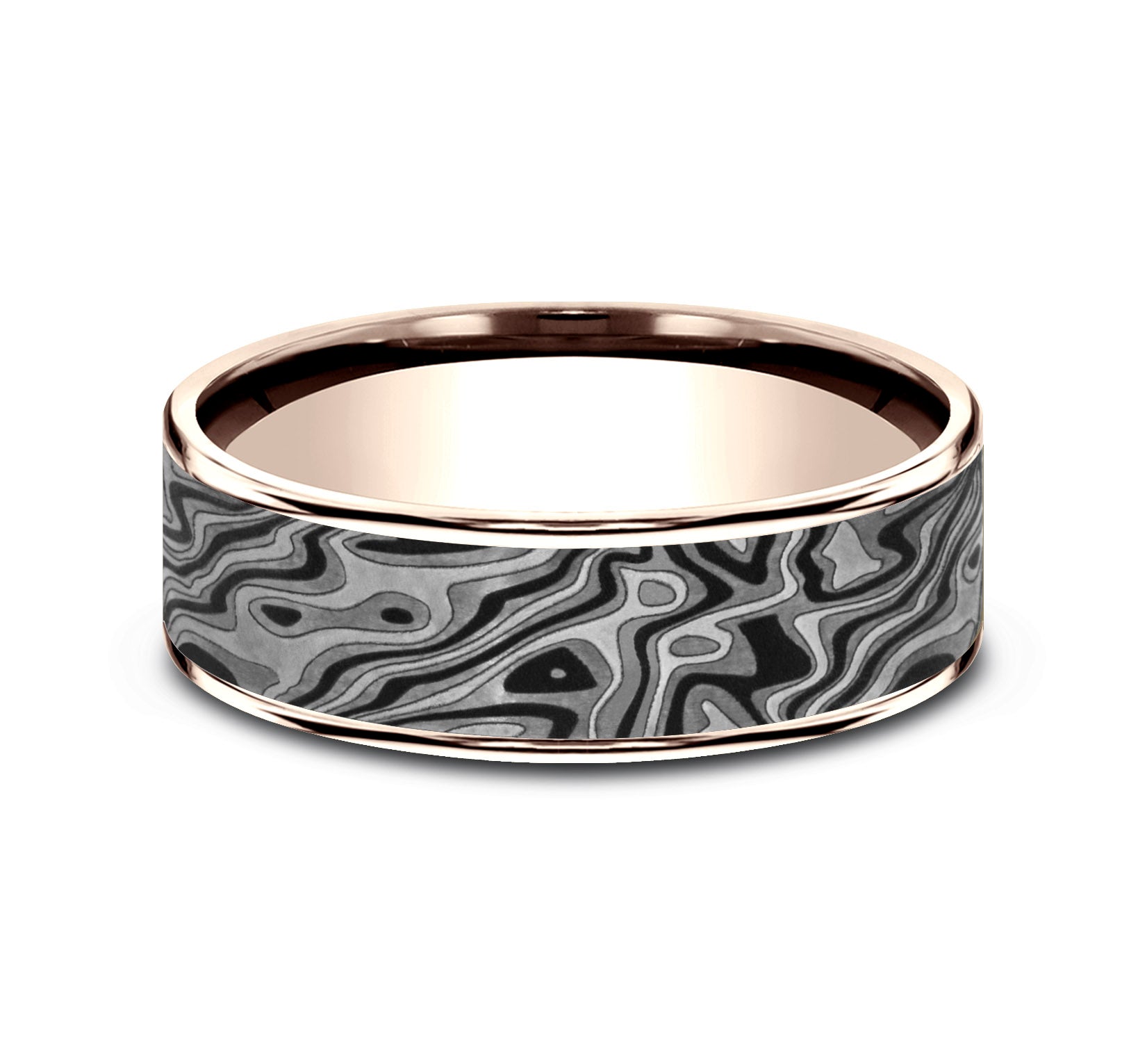 THE SWITCH 7.5mm, Comfort fit, 14K Rose Gold and Grey Tantalum, Mokume patterned center, thin polished edges