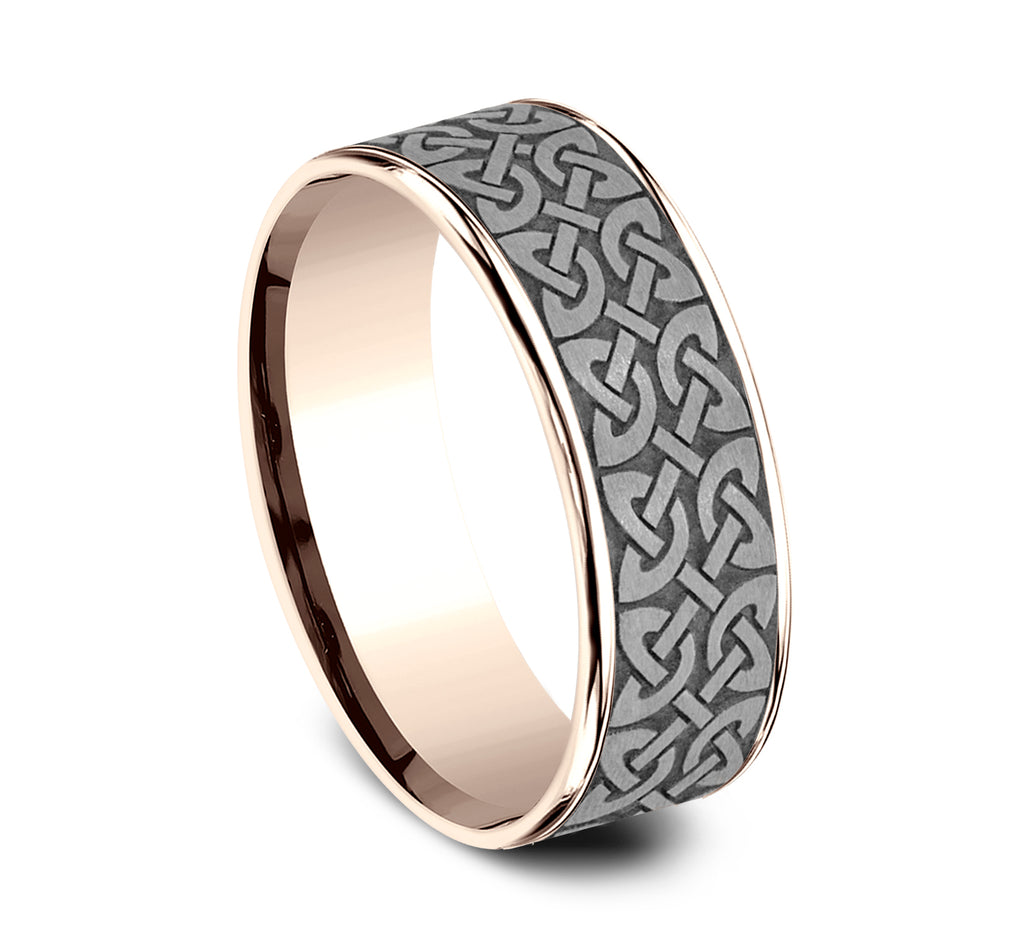 THE BLARNEY 7.5mm, Comfort fit, 14K Rose Gold and Grey Tantalum, Celtic knot designed center, thin polished edges