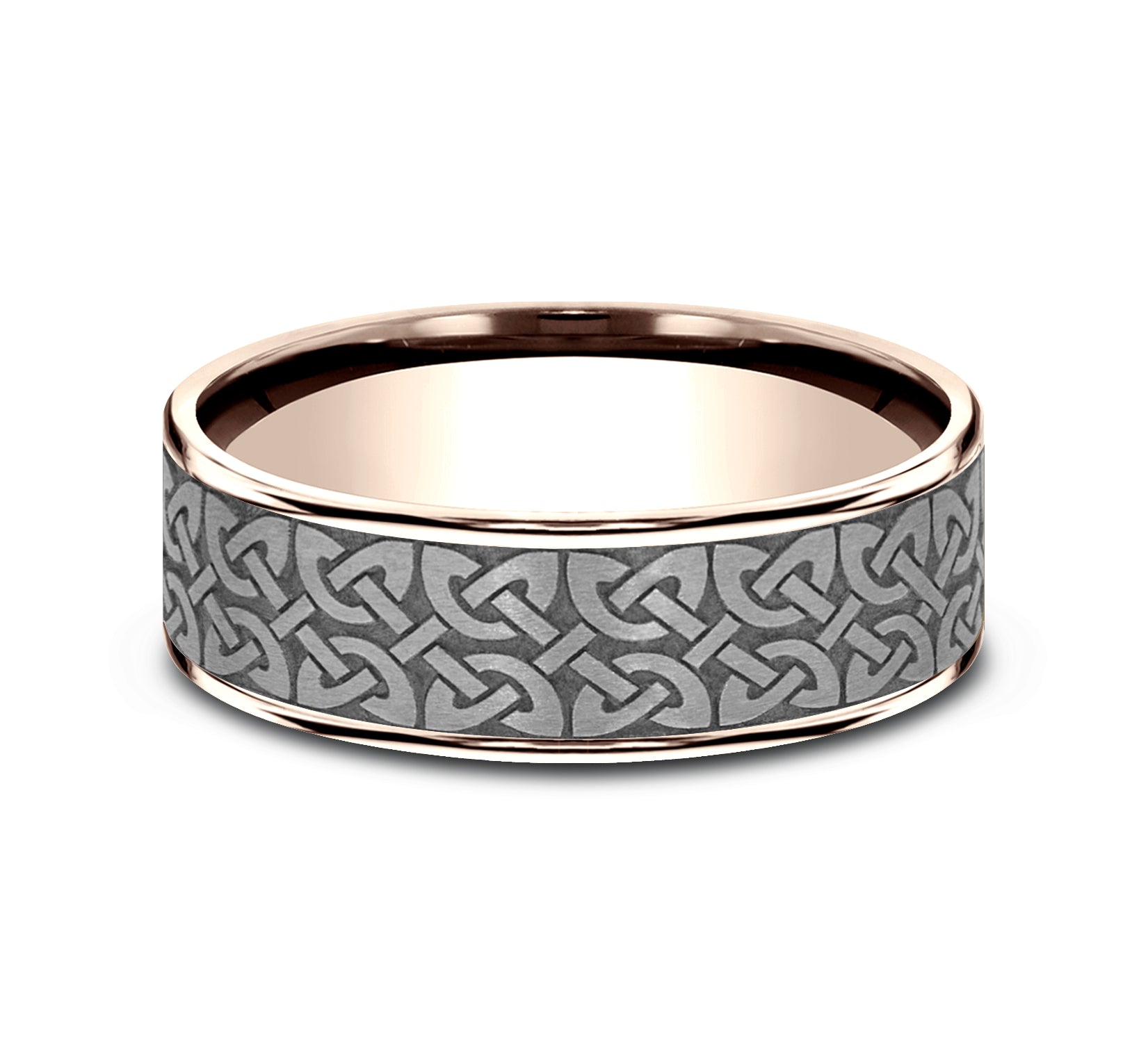 THE BLARNEY 7.5mm, Comfort fit, 14K Rose Gold and Grey Tantalum, Celtic knot designed center, thin polished edges