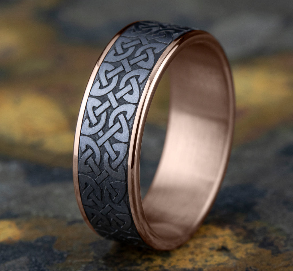 THE BLARNEY 7.5mm, Comfort fit, 14K Rose Gold and Grey Tantalum, Celtic knot designed center, thin polished edges