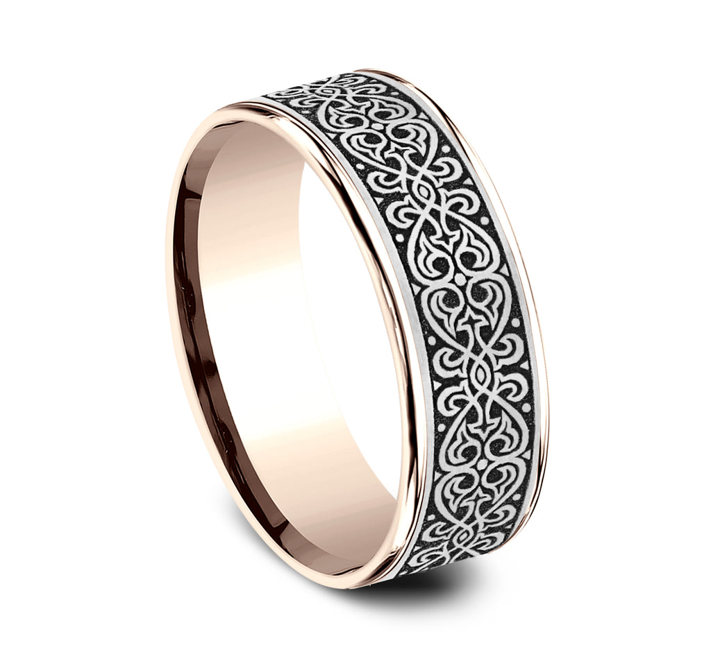 THE MIHRAB 7.5mm, Comfort fit, 14K Rose Gold and Grey/Black Titanium, Ottoman Knot pattern, thin edges