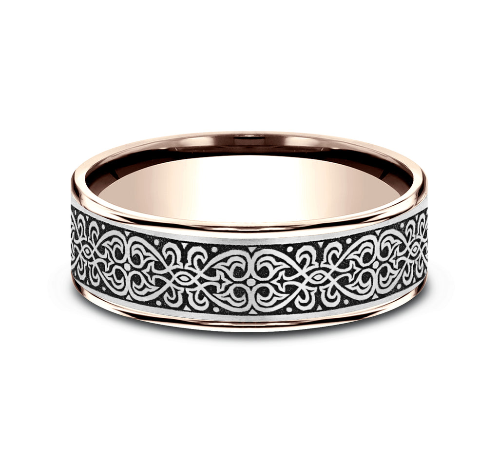 THE MIHRAB 7.5mm, Comfort fit, 14K Rose Gold and Grey/Black Titanium, Ottoman Knot pattern, thin edges