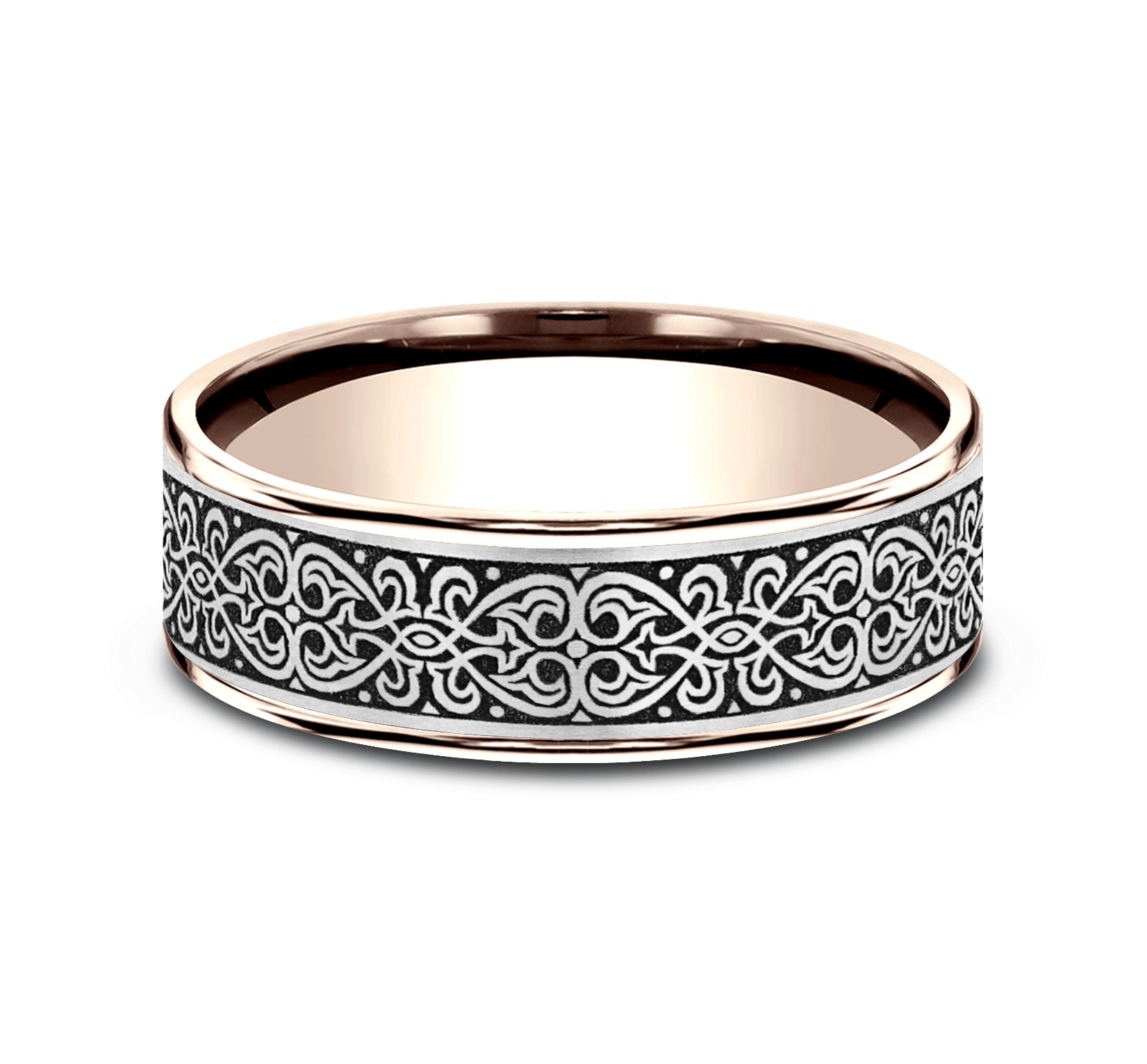 THE MIHRAB 7.5mm, Comfort fit, 14K Rose Gold and Grey/Black Titanium, Ottoman Knot pattern, thin edges