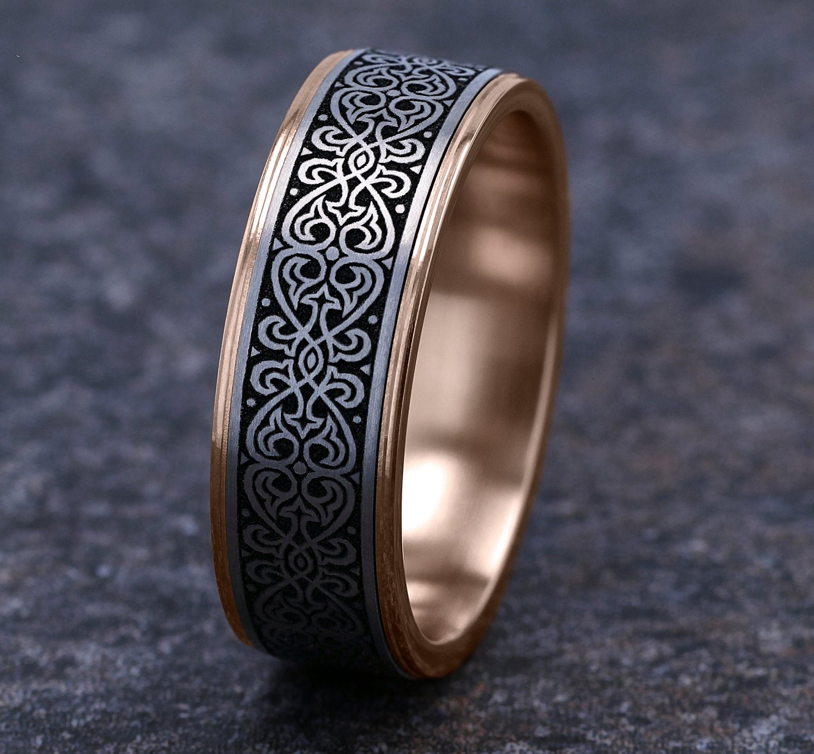 THE MIHRAB 7.5mm, Comfort fit, 14K Rose Gold and Grey/Black Titanium, Ottoman Knot pattern, thin edges