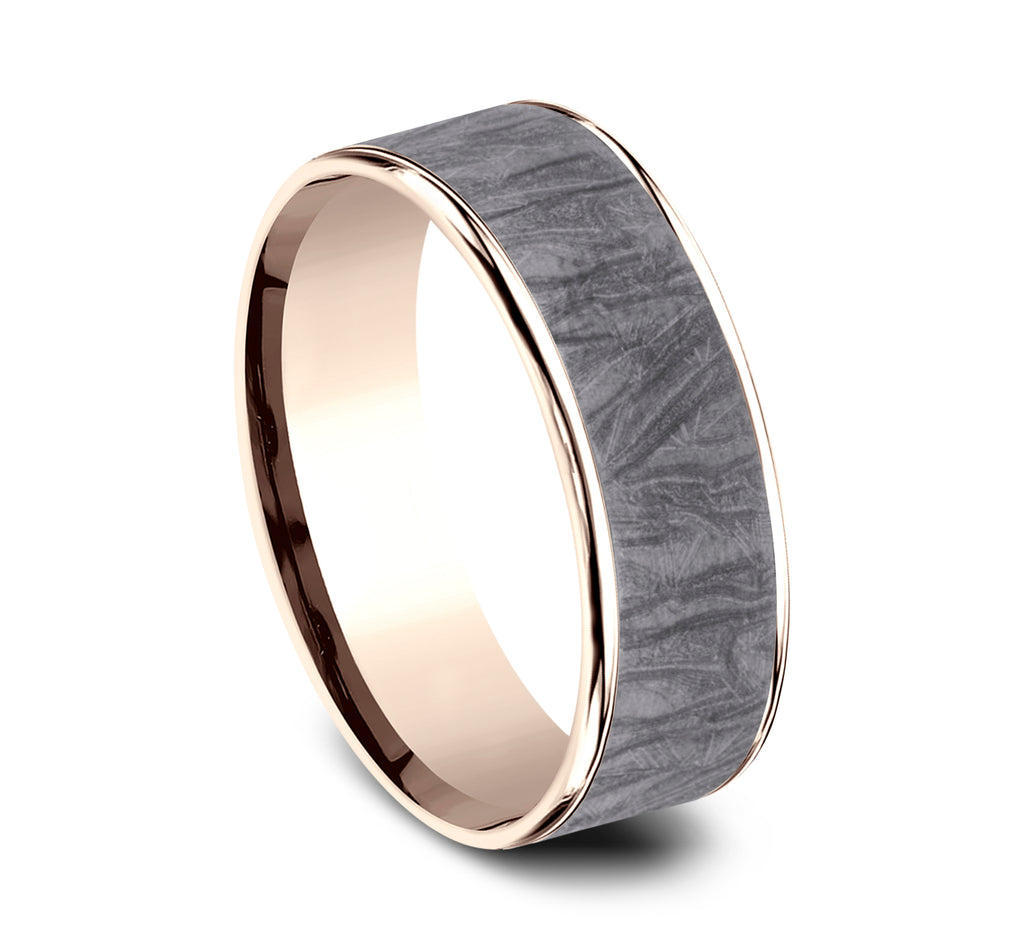 THE LOOM 7.5mm, Comfort fit, 14K Rose Gold and Grey Tantalum, Fabric patterned center, polished thin edges