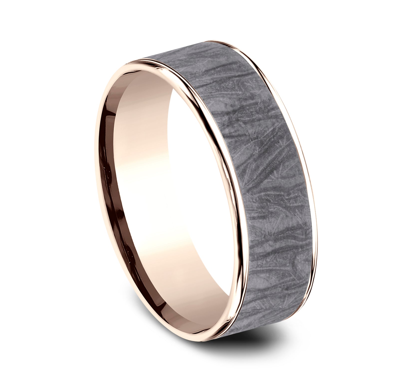 THE LOOM 7.5mm, Comfort fit, 14K Rose Gold and Grey Tantalum, Fabric patterned center, polished thin edges