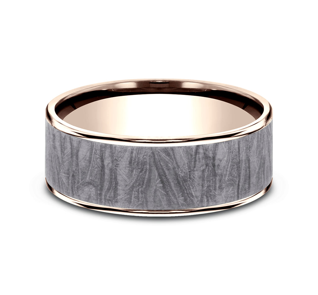THE LOOM 7.5mm, Comfort fit, 14K Rose Gold and Grey Tantalum, Fabric patterned center, polished thin edges