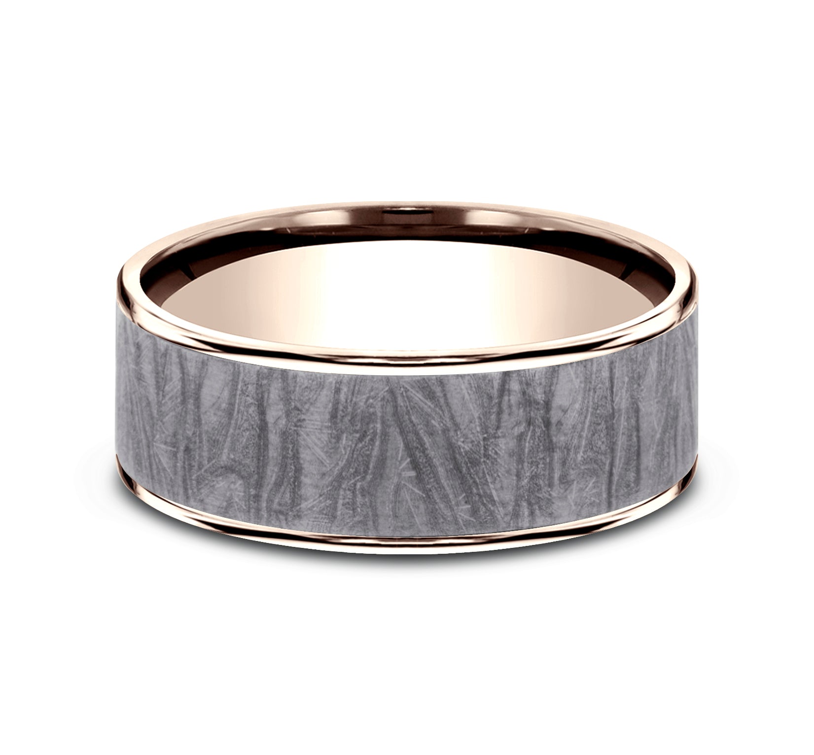 THE LOOM 7.5mm, Comfort fit, 14K Rose Gold and Grey Tantalum, Fabric patterned center, polished thin edges