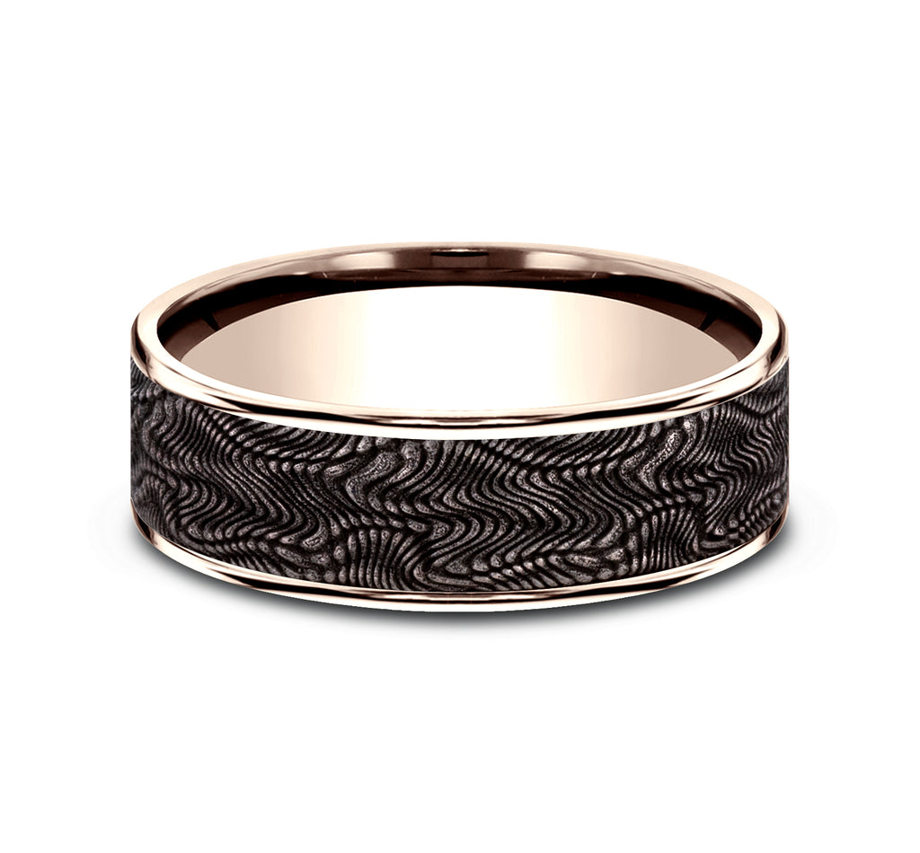 THE PYTHON 7.5mm, Comfort fit, 14K Rose Gold and Grey Tantalum, Snakeskin patterned center, polished thin edges