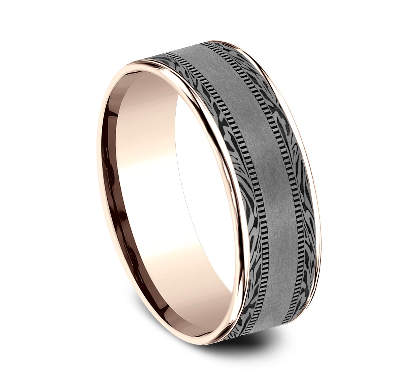 THE EDGE 7.5mm, Comfort fit, 14K Rose Gold and Grey Tantalum, Satin center, mokume patterned edges
