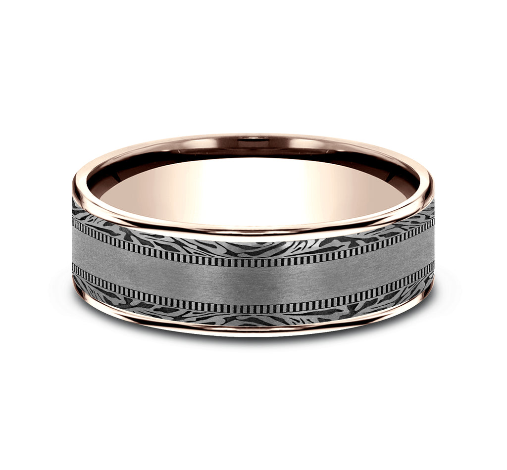 THE EDGE 7.5mm, Comfort fit, 14K Rose Gold and Grey Tantalum, Satin center, mokume patterned edges