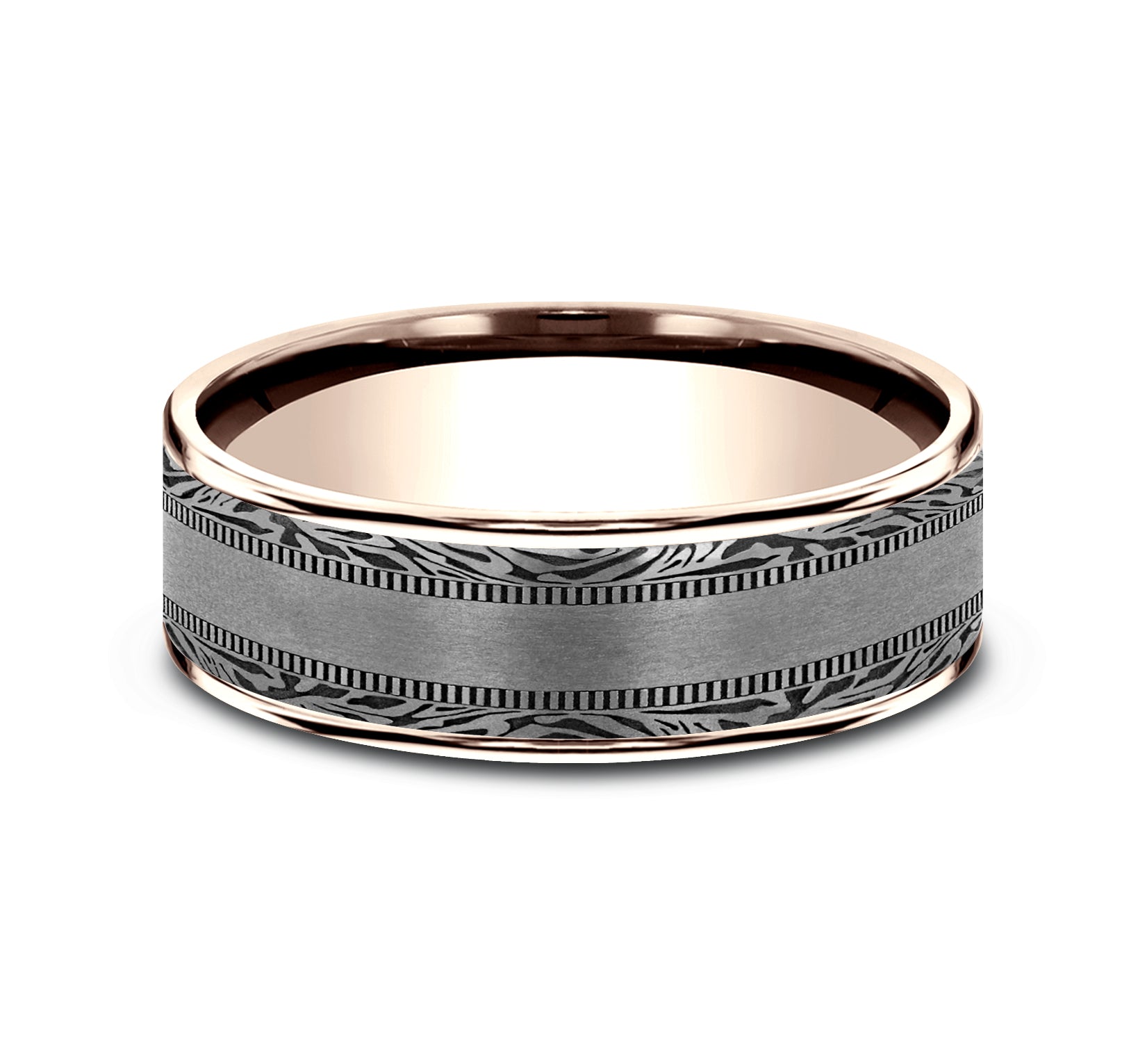 THE EDGE 7.5mm, Comfort fit, 14K Rose Gold and Grey Tantalum, Satin center, mokume patterned edges