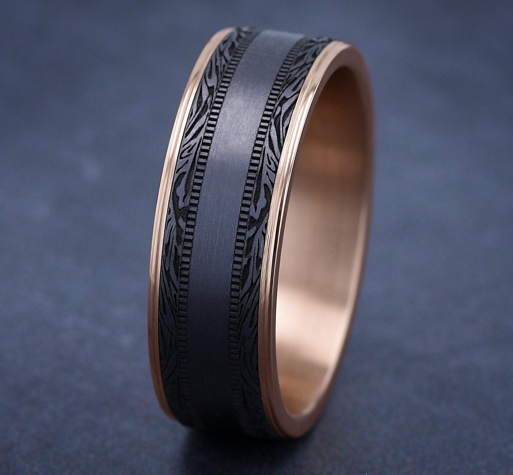 THE EDGE 7.5mm, Comfort fit, 14K Rose Gold and Grey Tantalum, Satin center, mokume patterned edges