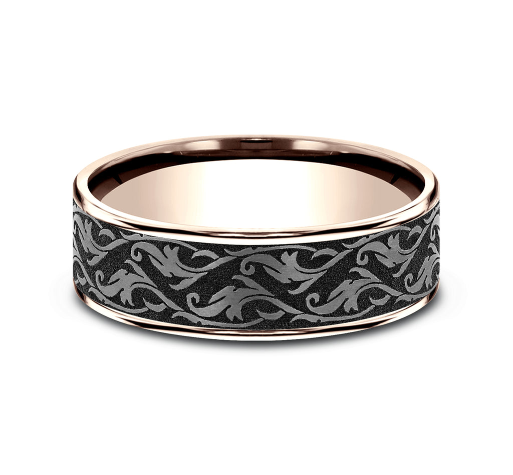 THE IVY 7.5mm, Comfort fit, 14K Rose Gold and Grey Tantalum, Vine script pattern, thin edges