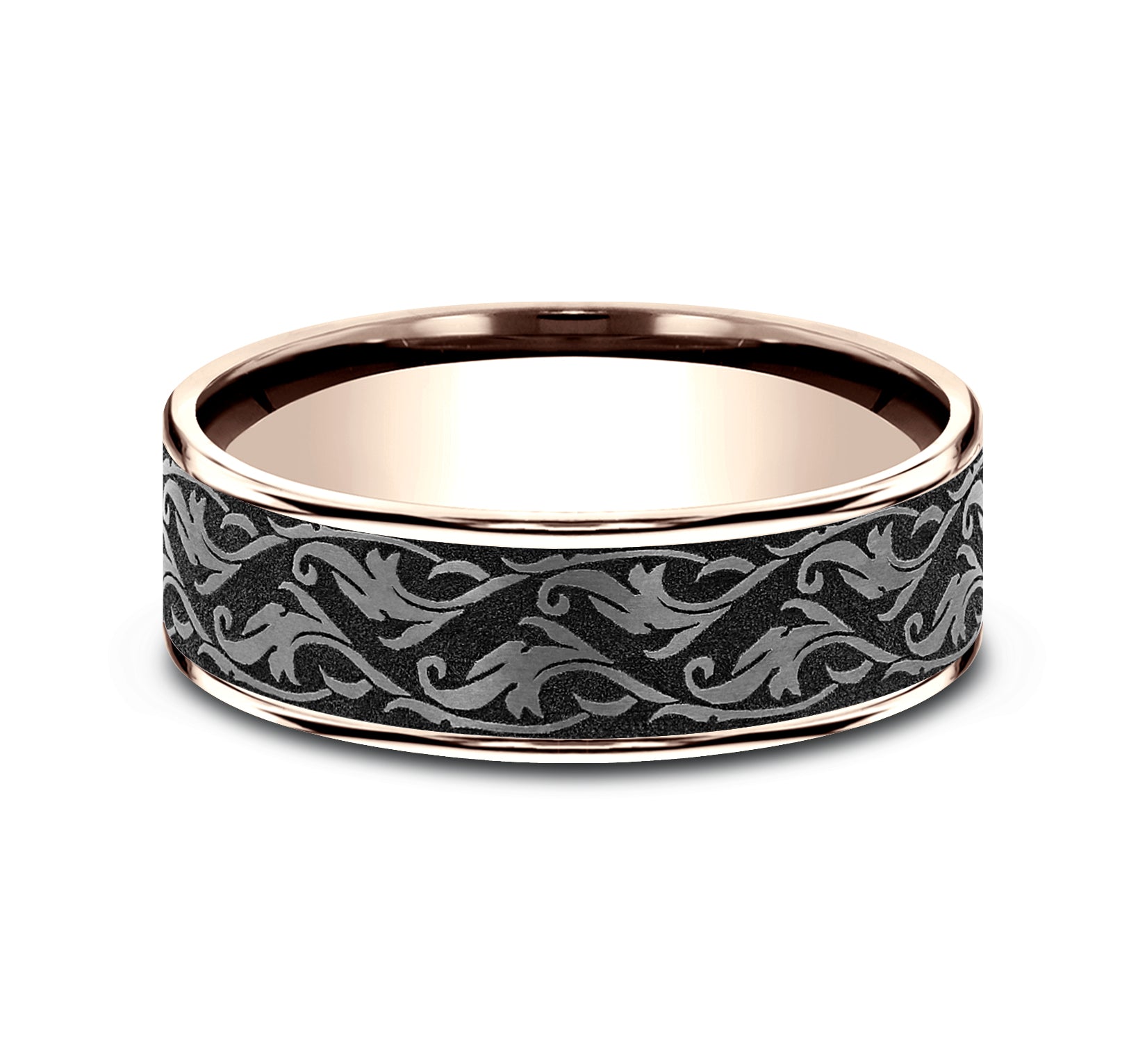 THE IVY 7.5mm, Comfort fit, 14K Rose Gold and Grey Tantalum, Vine script pattern, thin edges