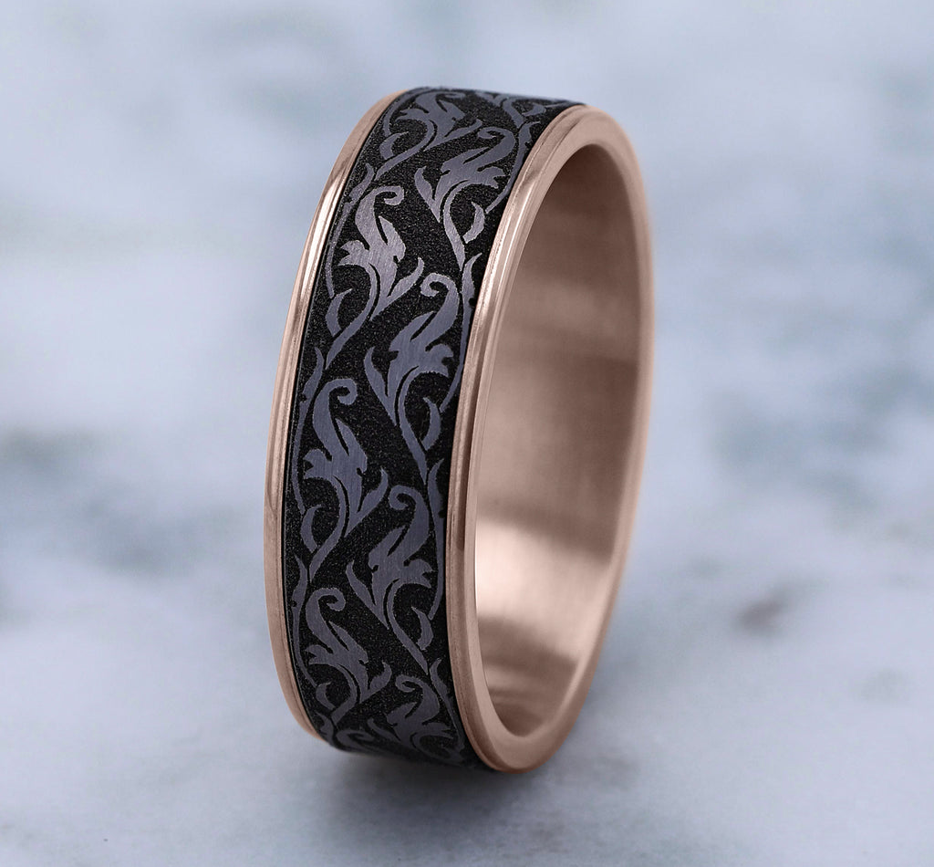 THE IVY 7.5mm, Comfort fit, 14K Rose Gold and Grey Tantalum, Vine script pattern, thin edges