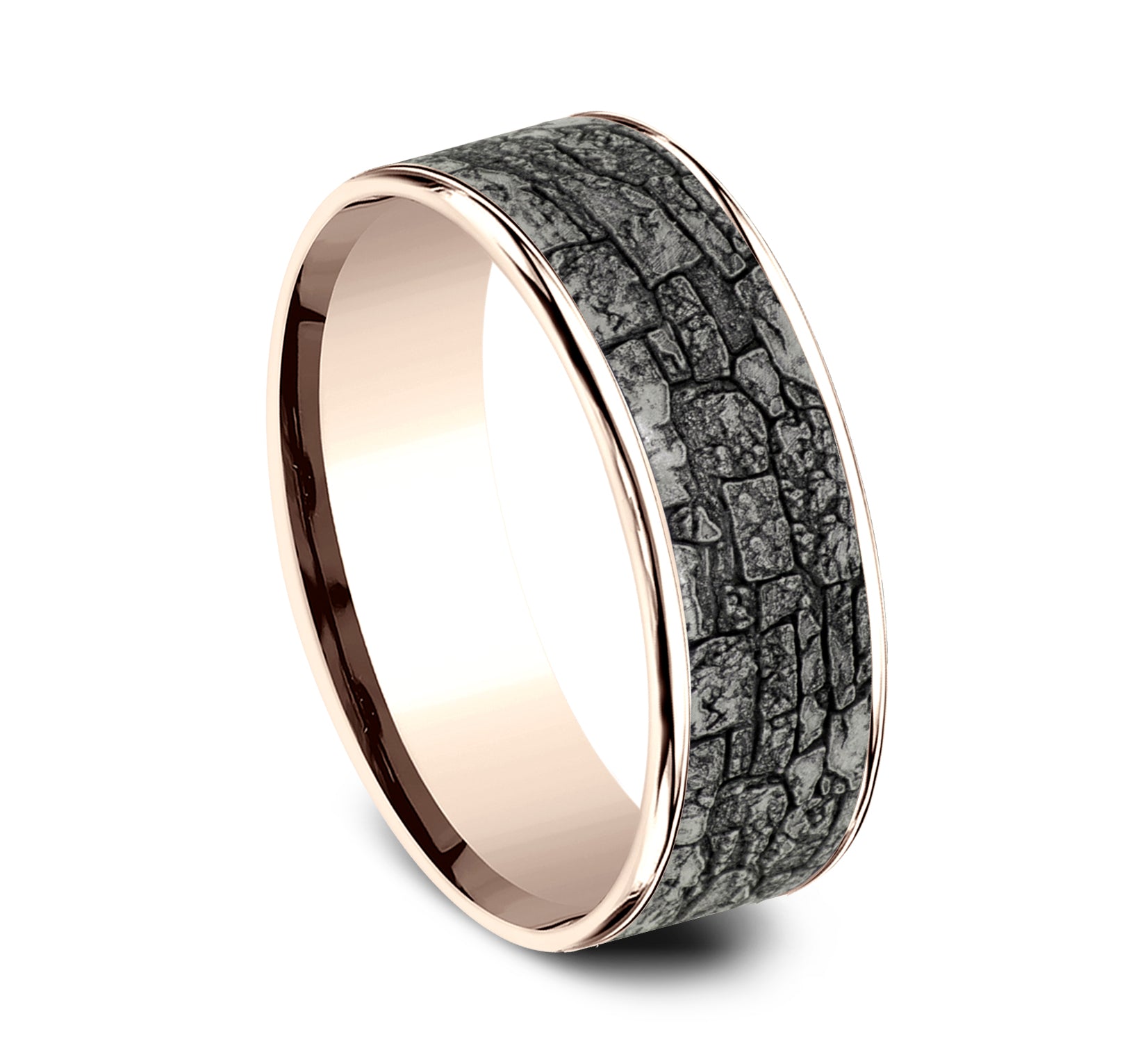 THE JACKSON 7.5mm, Comfort fit, 14K Rose Gold and Grey Tantalum, Stone wall pattern, thin edges