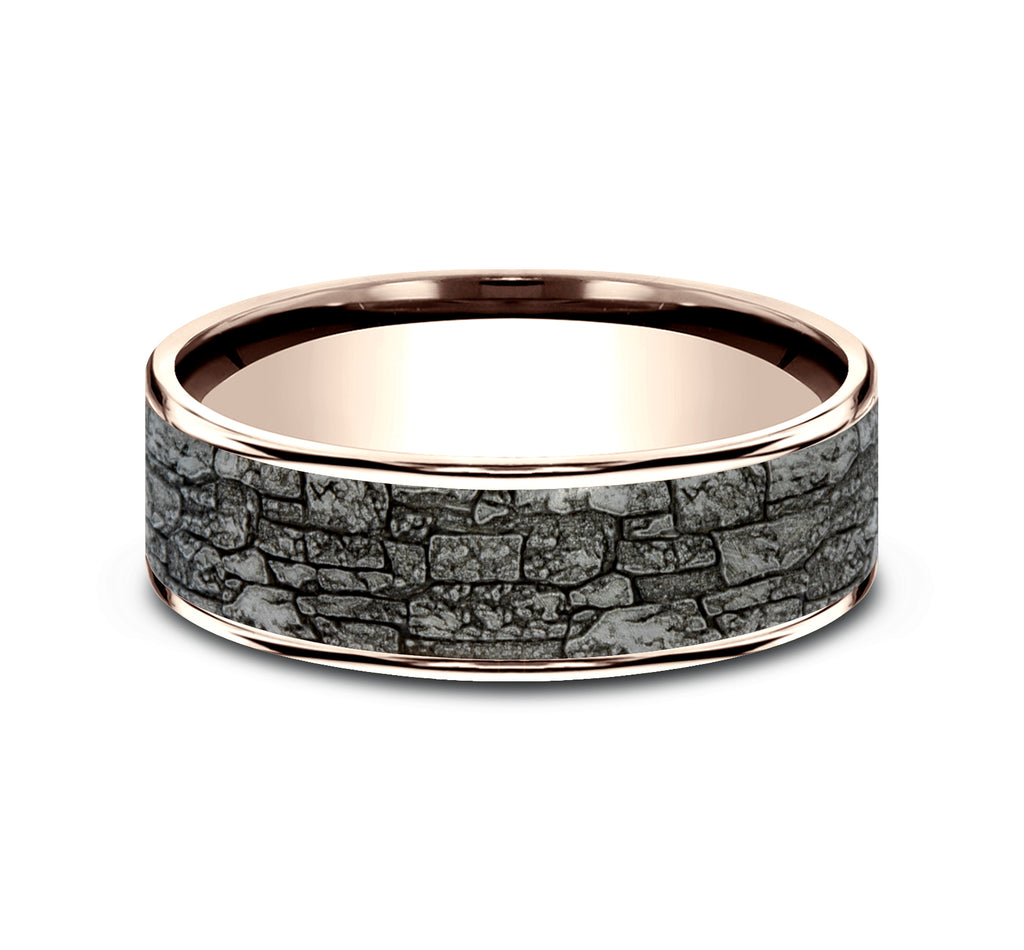 THE JACKSON 7.5mm, Comfort fit, 14K Rose Gold and Grey Tantalum, Stone wall pattern, thin edges