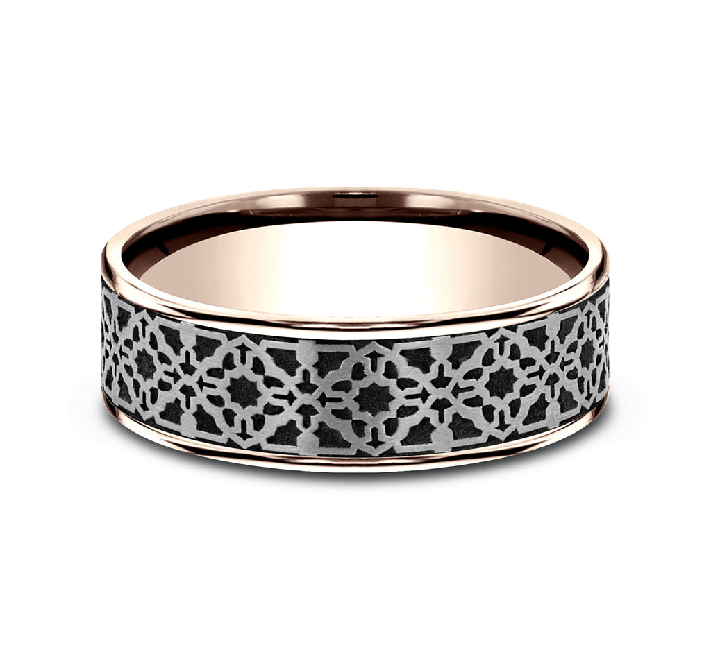 THE AZTEC 7.5mm, Comfort fit, 14K Rose Gold and Grey/Black Titanium, Aztec pattern, thin edges