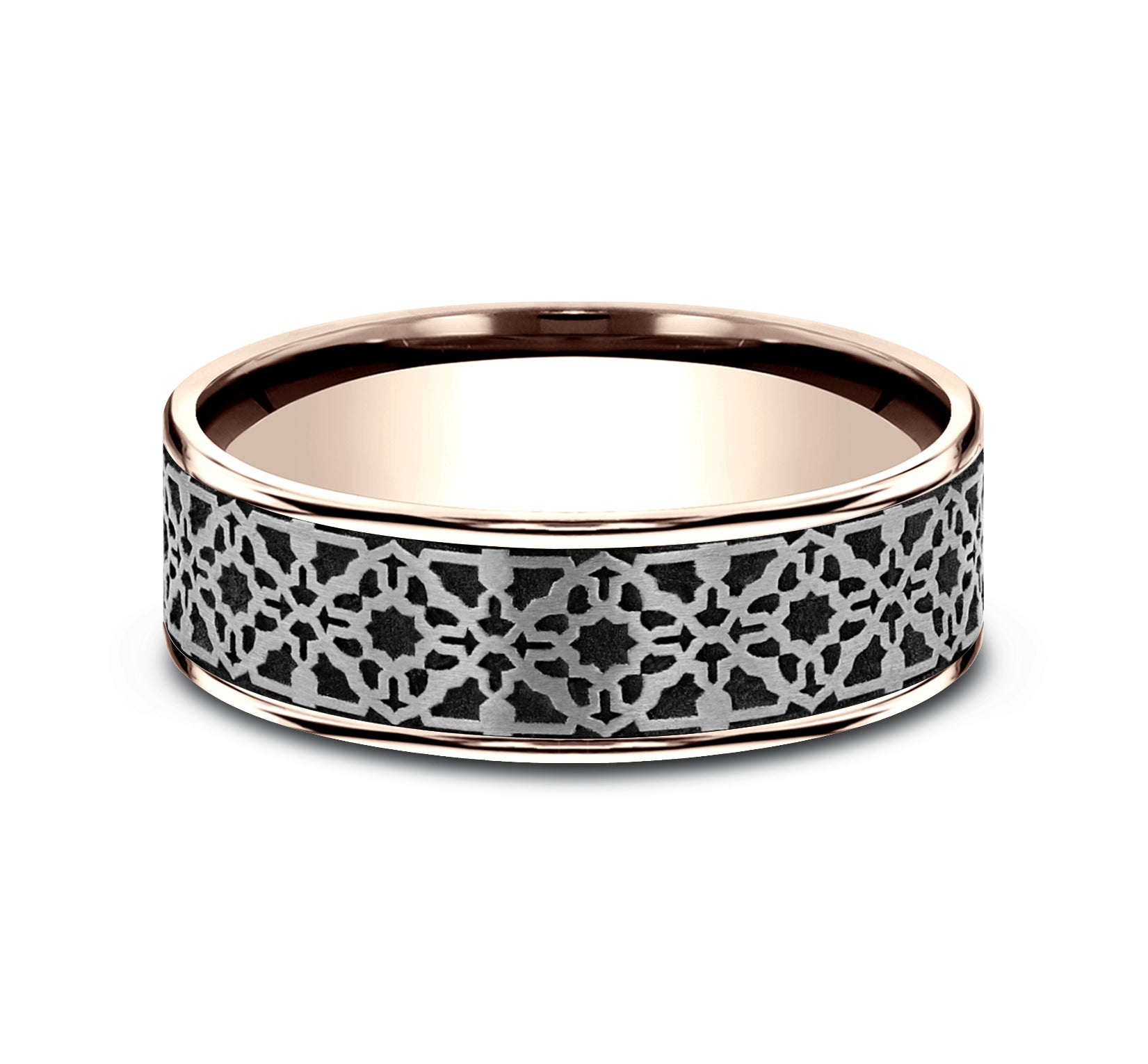 THE AZTEC 7.5mm, Comfort fit, 14K Rose Gold and Grey/Black Titanium, Aztec pattern, thin edges