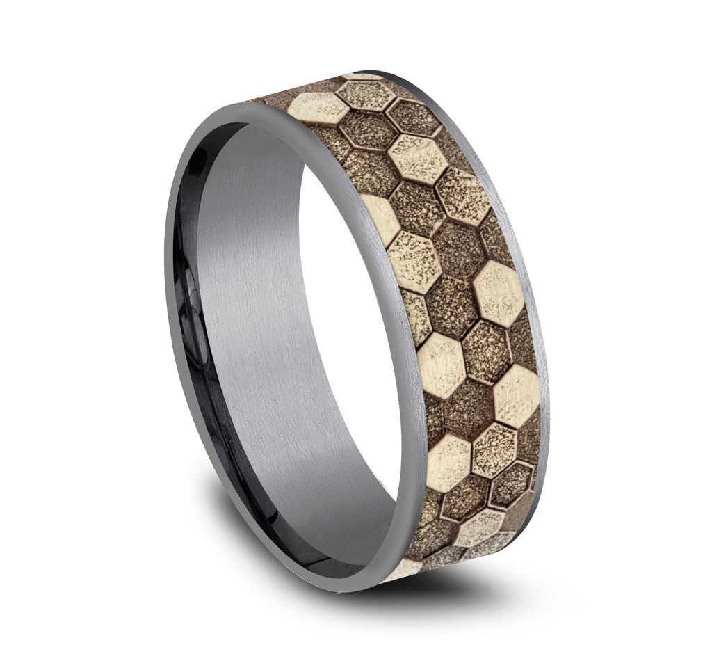 THE KEEPER 7.5mm, Comfort fit, Grey Tantalum and 14K Yellow Gold, Honeycomb pattern, thin edges