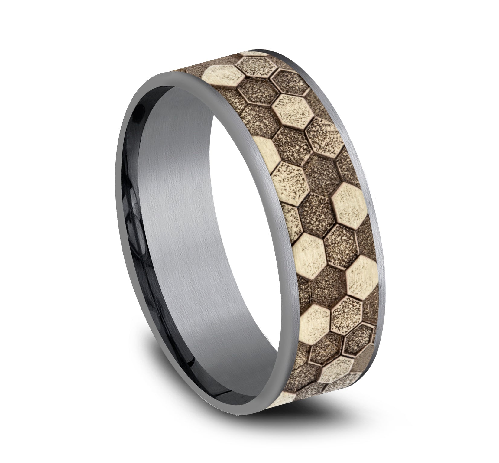 THE KEEPER 7.5mm, Comfort fit, Grey Tantalum and 14K Yellow Gold, Honeycomb pattern, thin edges