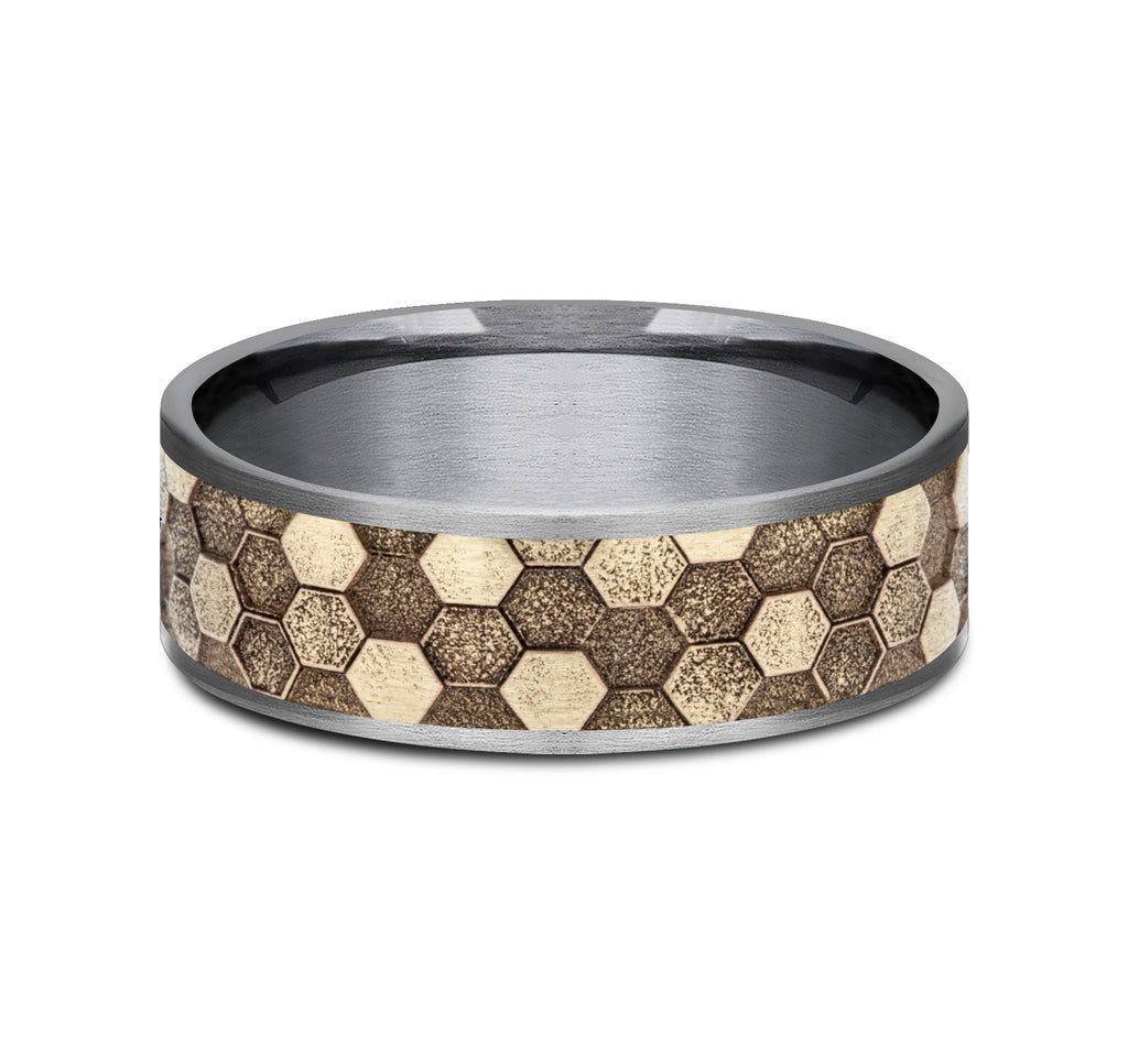 THE KEEPER 7.5mm, Comfort fit, Grey Tantalum and 14K Yellow Gold, Honeycomb pattern, thin edges