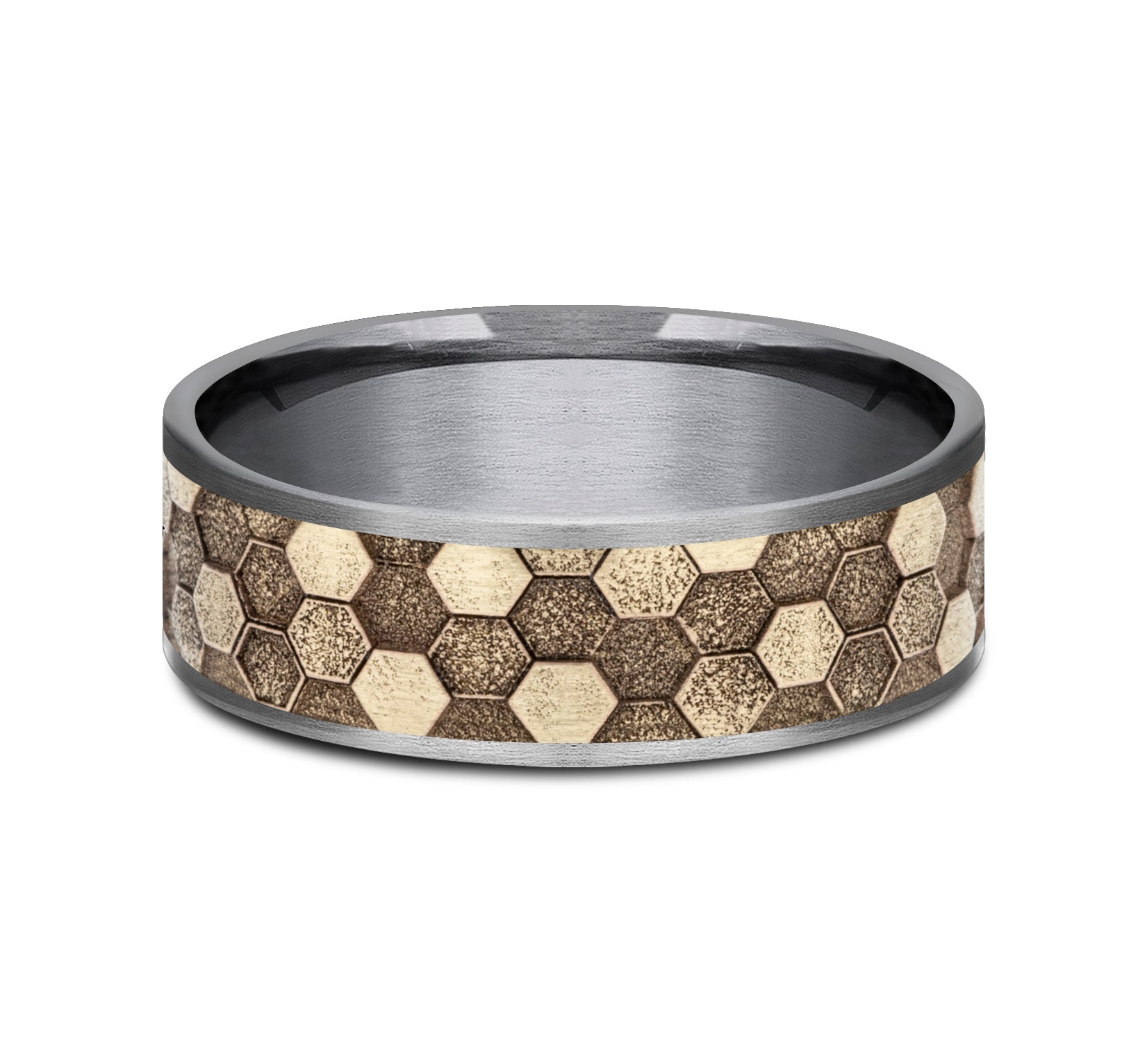 THE KEEPER 7.5mm, Comfort fit, Grey Tantalum and 14K Yellow Gold, Honeycomb pattern, thin edges