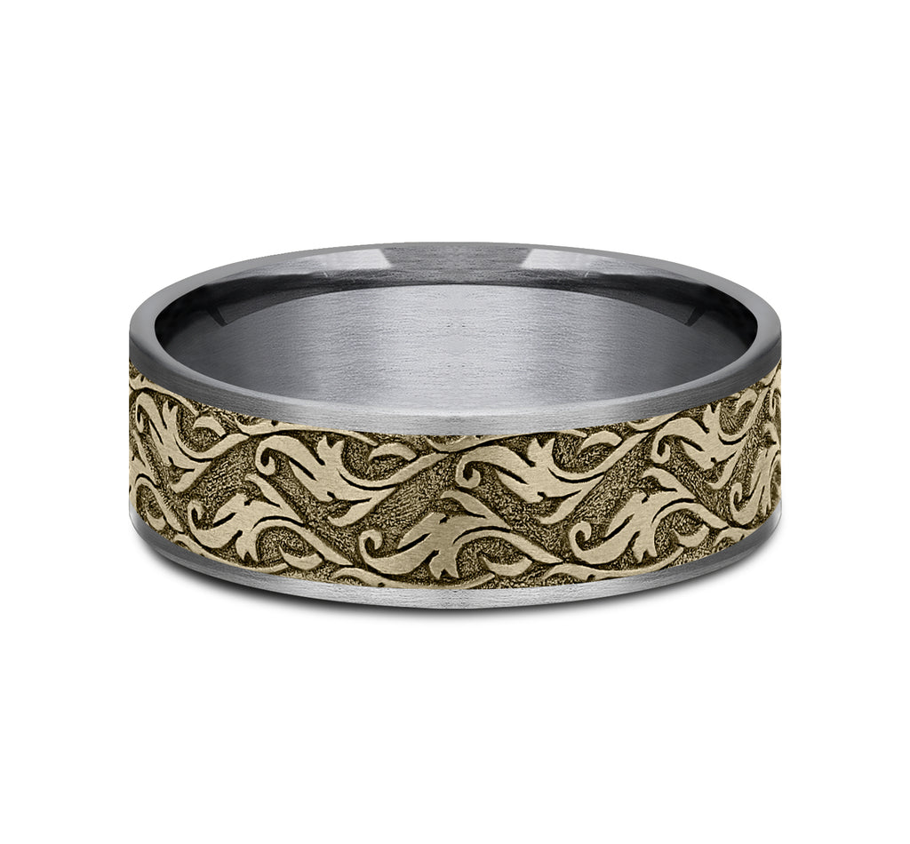 THE IVY 7.5mm, Comfort fit, Grey Tantalum and 14K Yellow Gold, Vine script pattern, thin edges