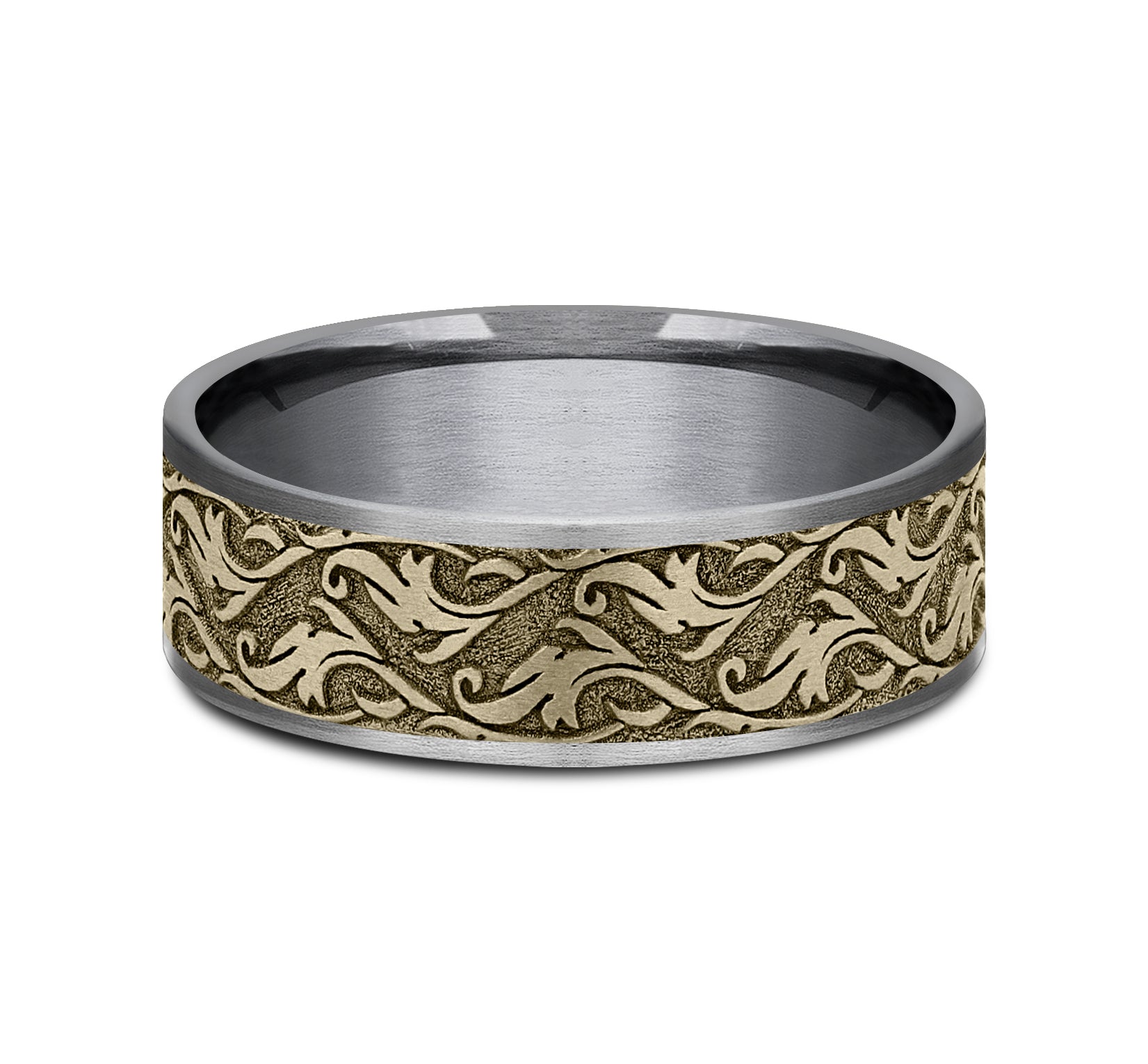 THE IVY 7.5mm, Comfort fit, Grey Tantalum and 14K Yellow Gold, Vine script pattern, thin edges