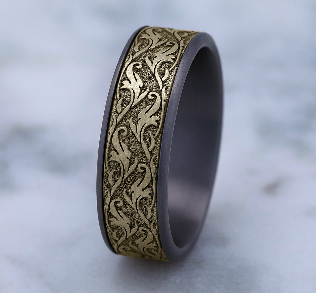 THE IVY 7.5mm, Comfort fit, Grey Tantalum and 14K Yellow Gold, Vine script pattern, thin edges