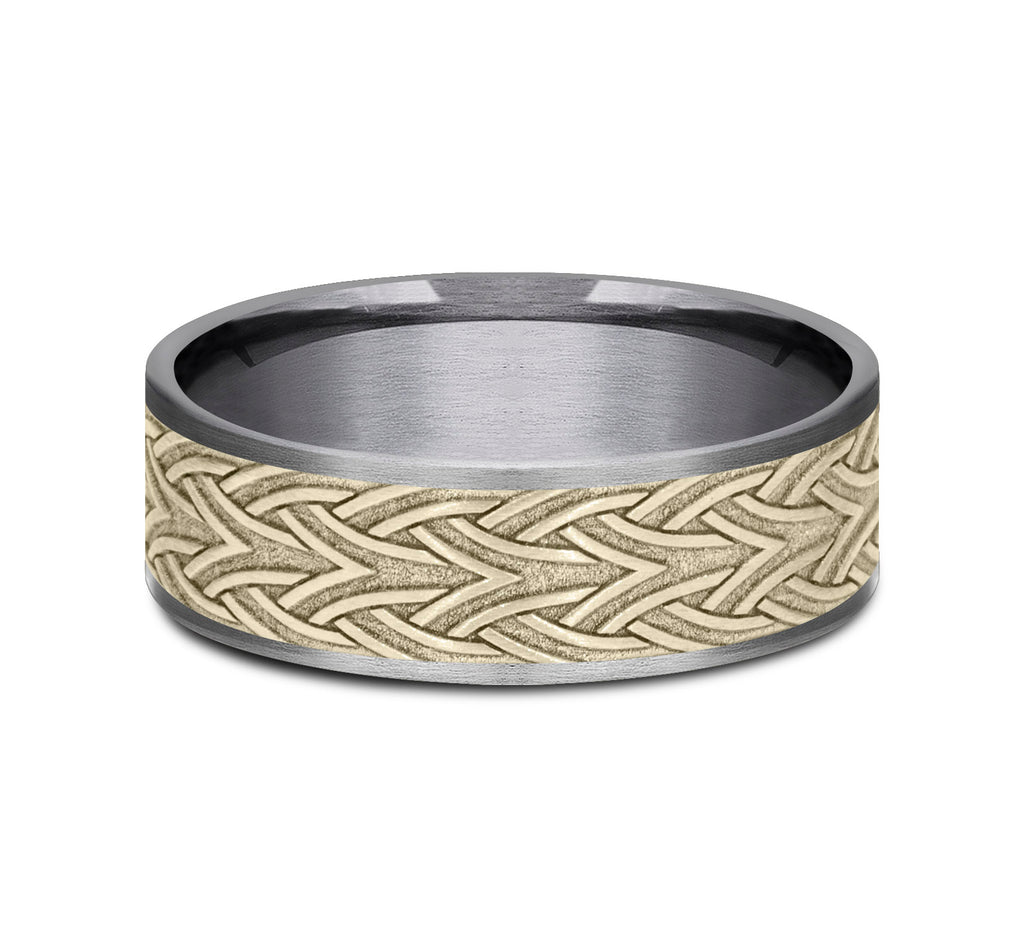 THE WATERFORD 7.5mm, Comfort fit, Grey Tantalum and 14K Yellow Gold, Celtic arrow knot designed center, thin edges